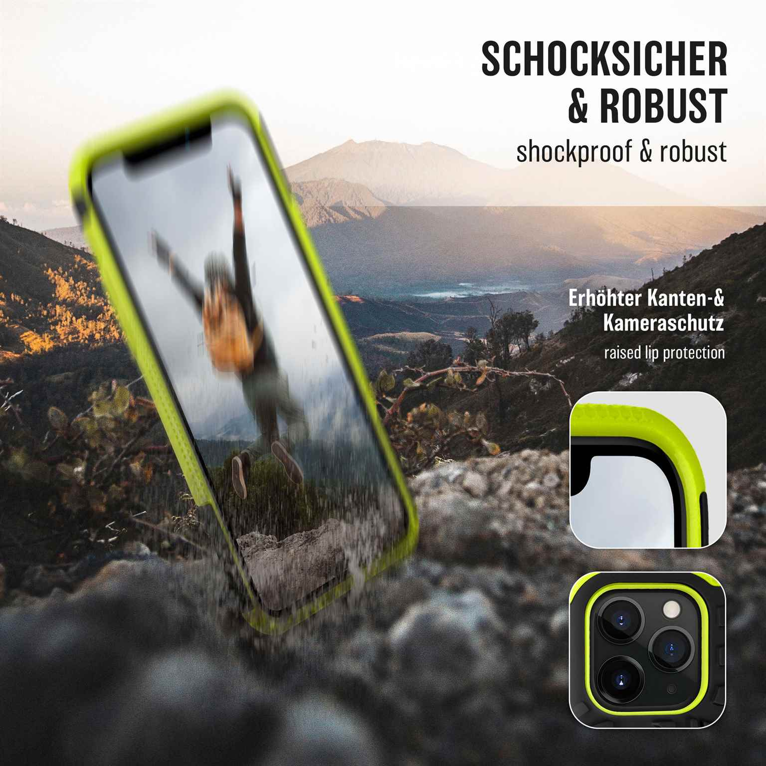 Telefon in limettengrüner Hülle, Person im Hintergrund stürzt. Text: 'Stoßfest & robust'.