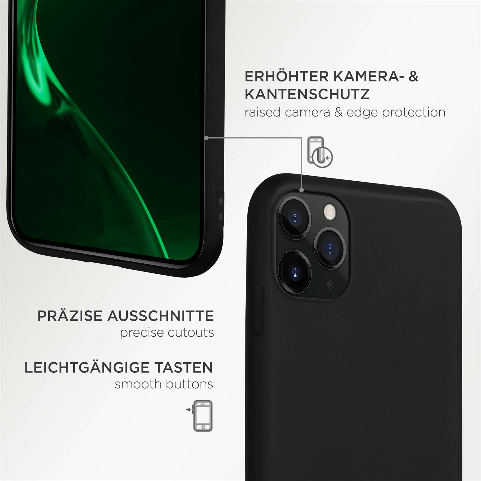 Nahaufnahme einer schwarzen Handyhülle. Text hebt Kameraschutz, präzise Ausschnitte und glatte Tasten hervor.