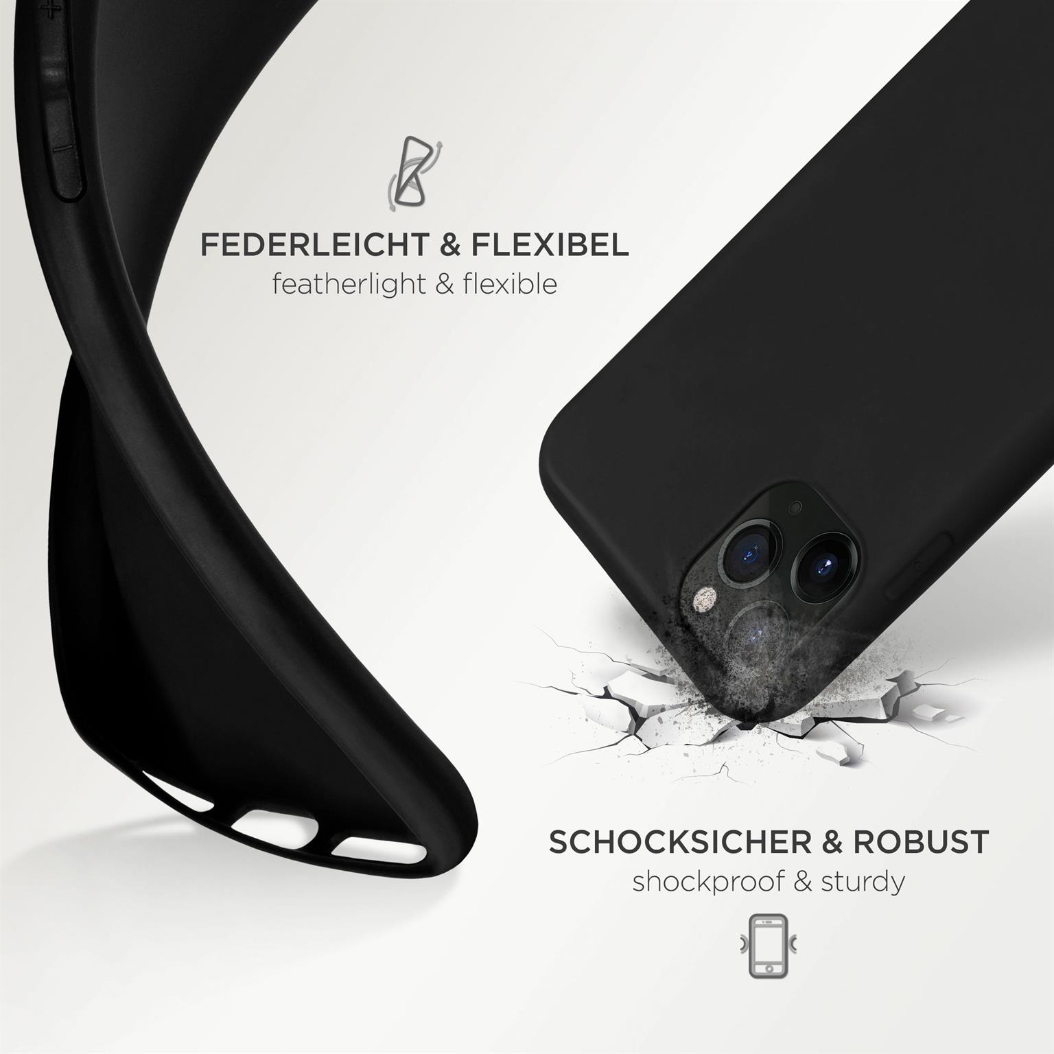 Schwarze Handyhülle auf weißem Untergrund. Text: stoßfest & robust, federleicht & flexibel.