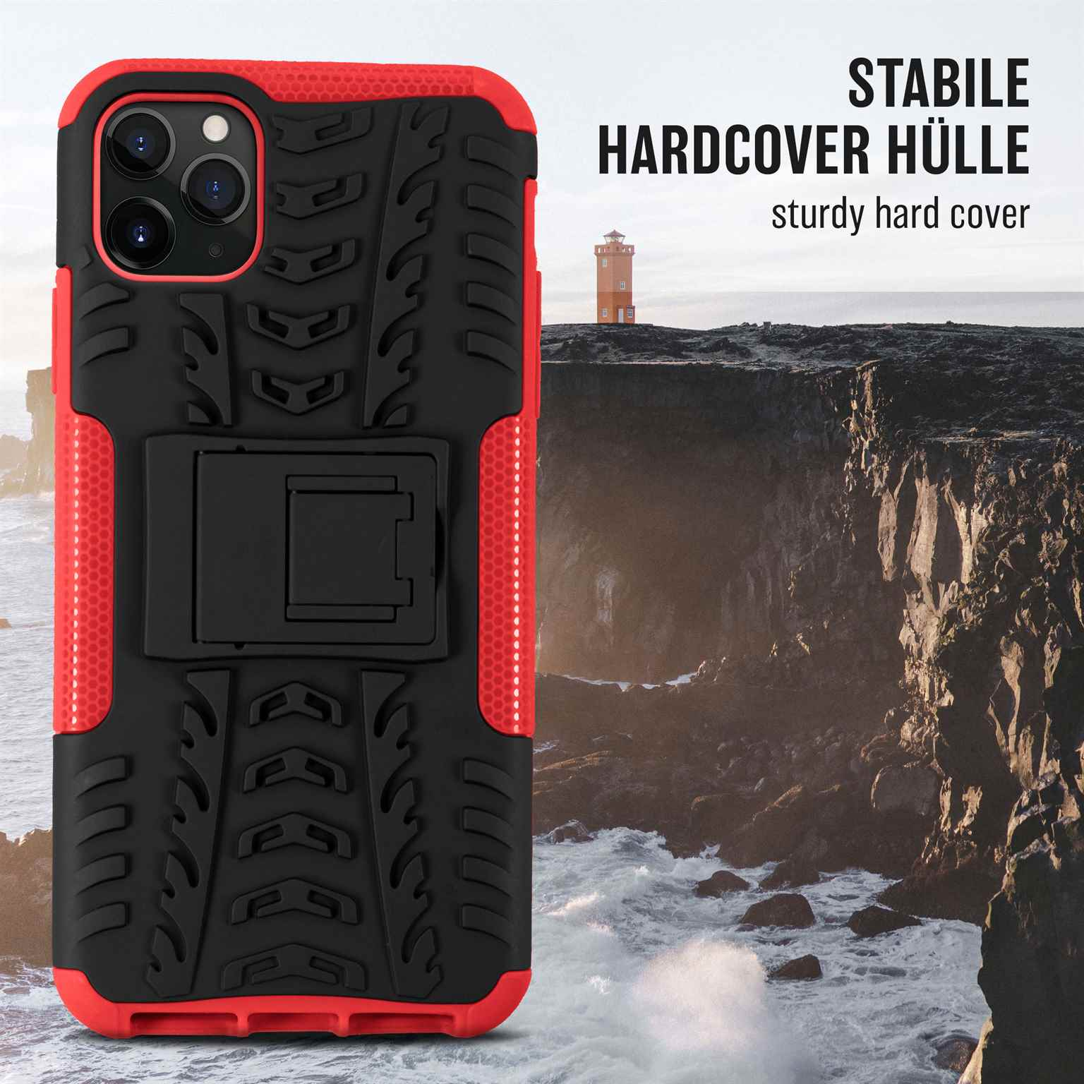 Eine rot-schwarze Handyhülle mit Ständer, robustem Design und Küstenhintergrund mit Leuchtturm.