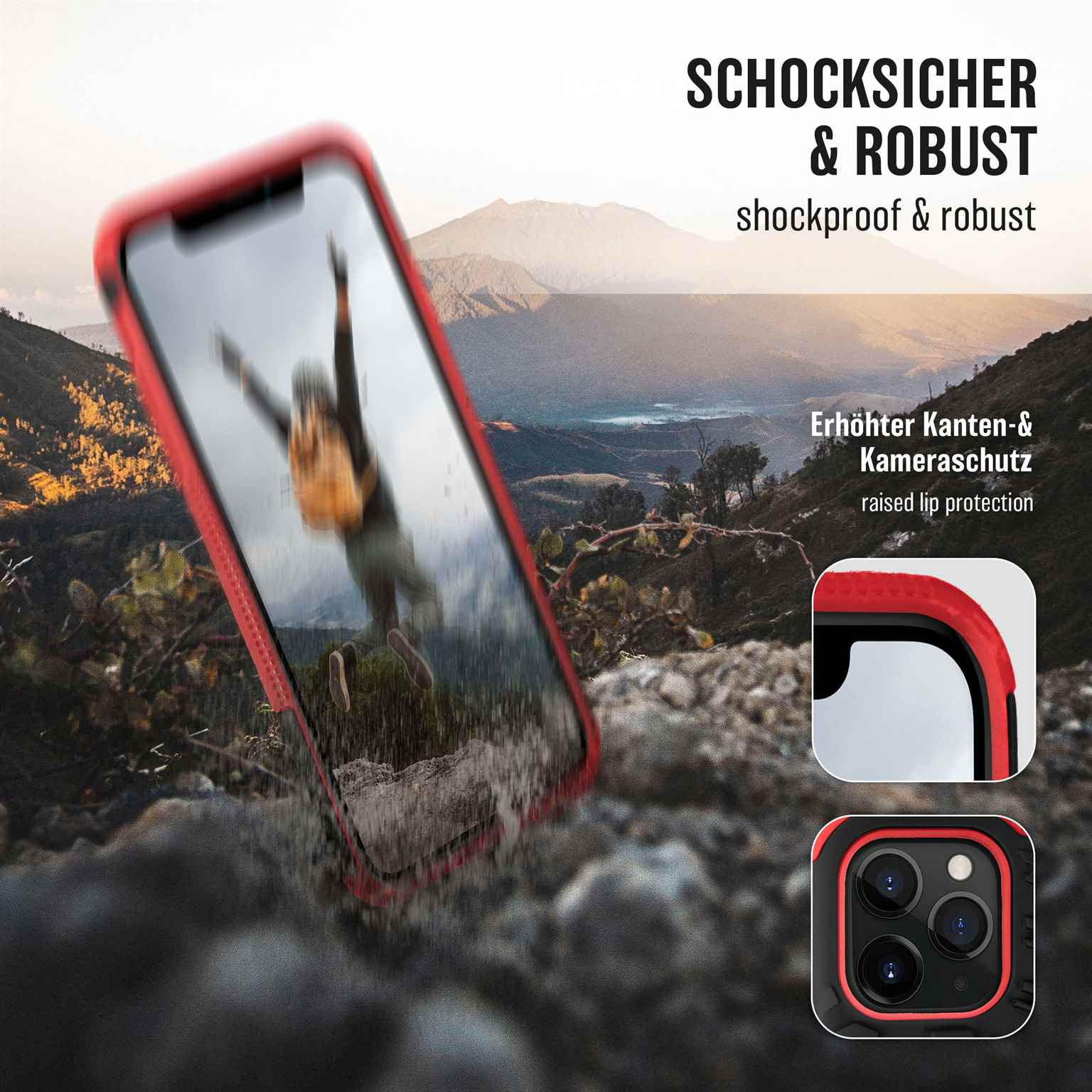 Ein Telefon in einer roten Hülle fällt. Der Hintergrund zeigt eine Berglandschaft.