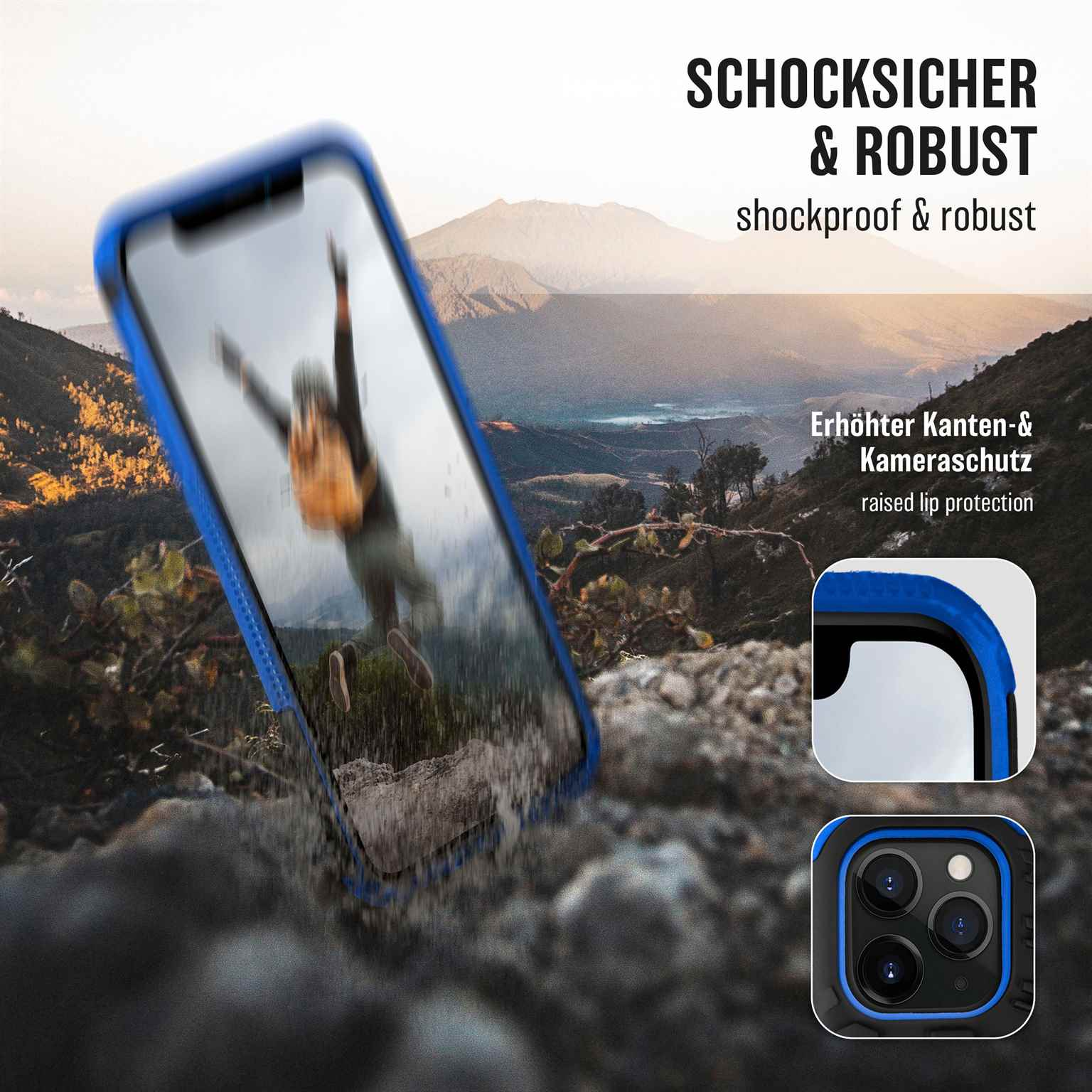 Blaue Handyhülle auf verschwommenem Hintergrund mit Text: stoßfest & robust, erhöhter Lippenschutz.
