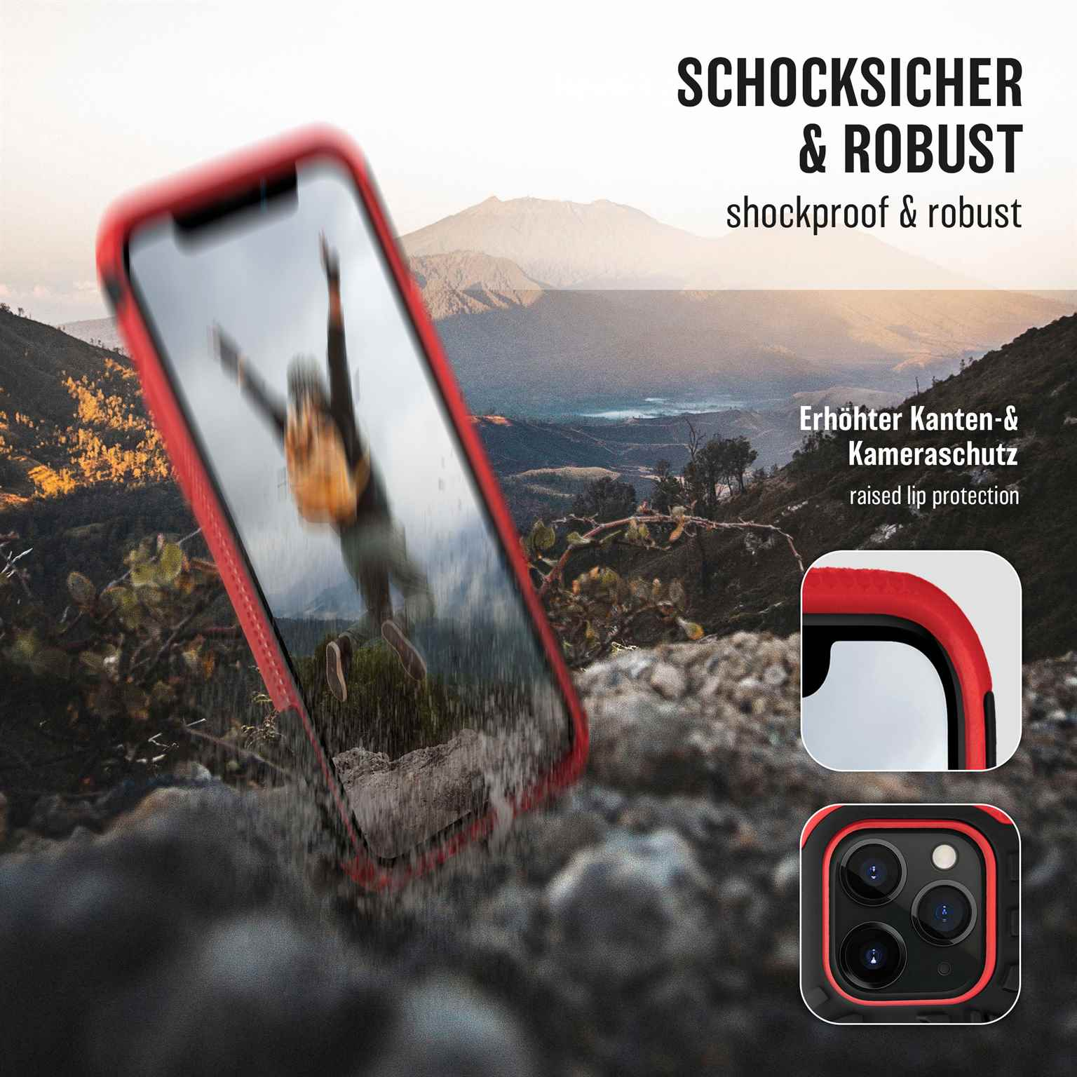 Rote Handyhülle mit springender Person auf dem Display. Berge im Hintergrund.