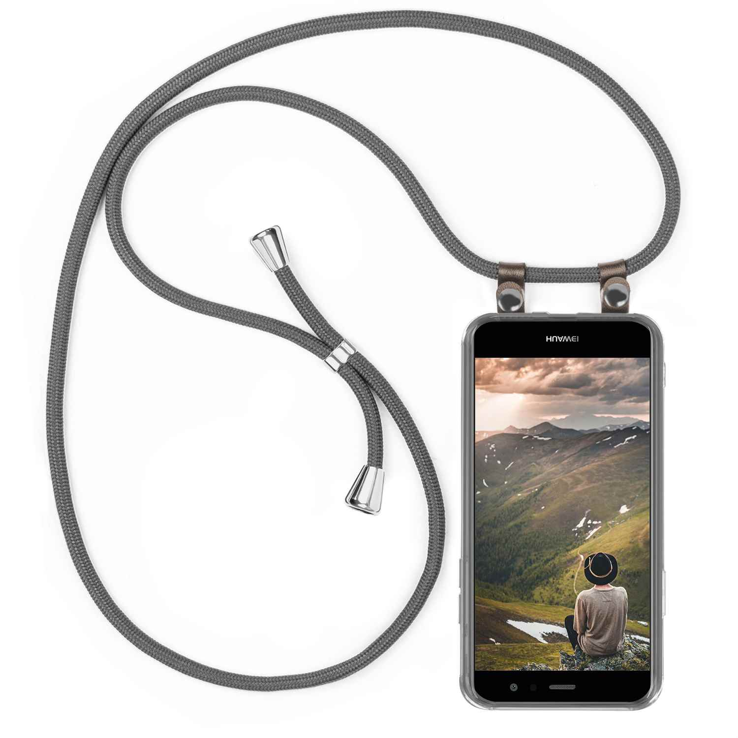 Handyhülle mit Berglandschaft. Graues Kabel.