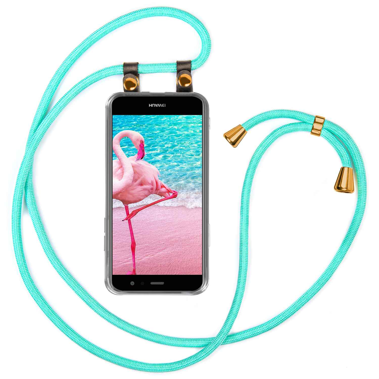 Telefon mit Hülle und türkisfarbenem Kabel. Das Telefon zeigt einen rosa Flamingo auf pink-blauem Hintergrund.