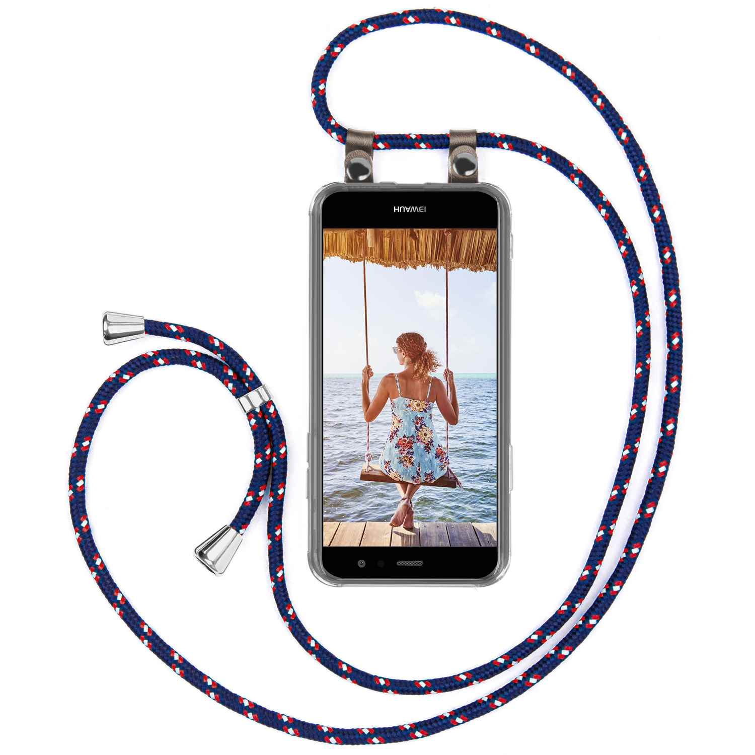 Telefon mit Frau auf Schaukel. Blaues und rotes Seil-Telefonband.