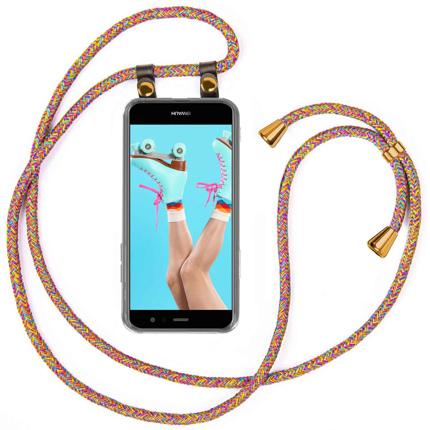 Telefon mit Umhängeband. Das Telefon zeigt Beine mit Rollschuhen.