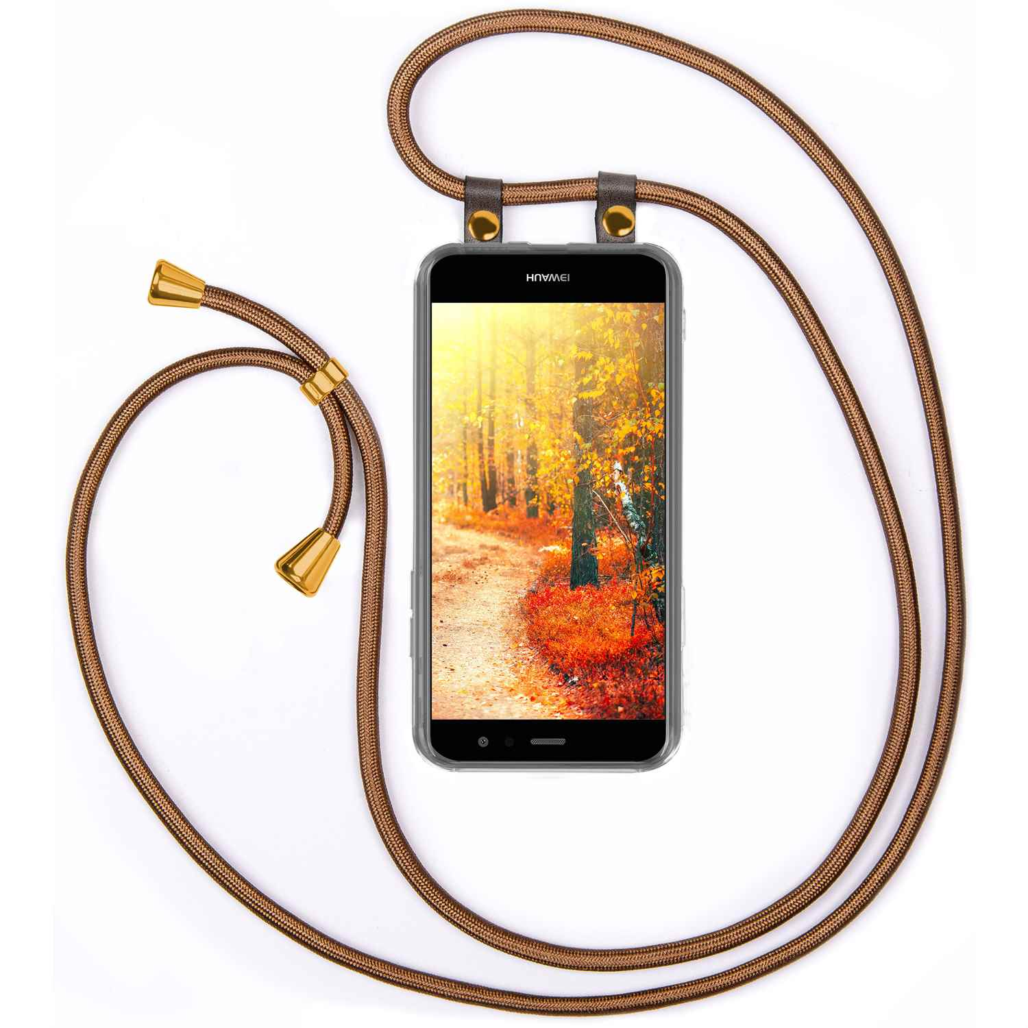 Telefon mit Riemen. Telefon zeigt einen Wald mit Sonnenlicht.