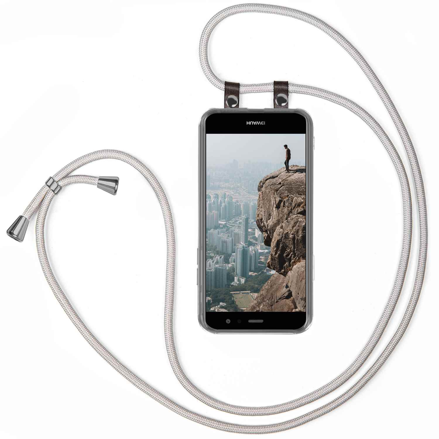 Ein Telefon mit einem Mann auf einer Klippe, an einer grauen Schnur hängend. Hintergrund weiß.