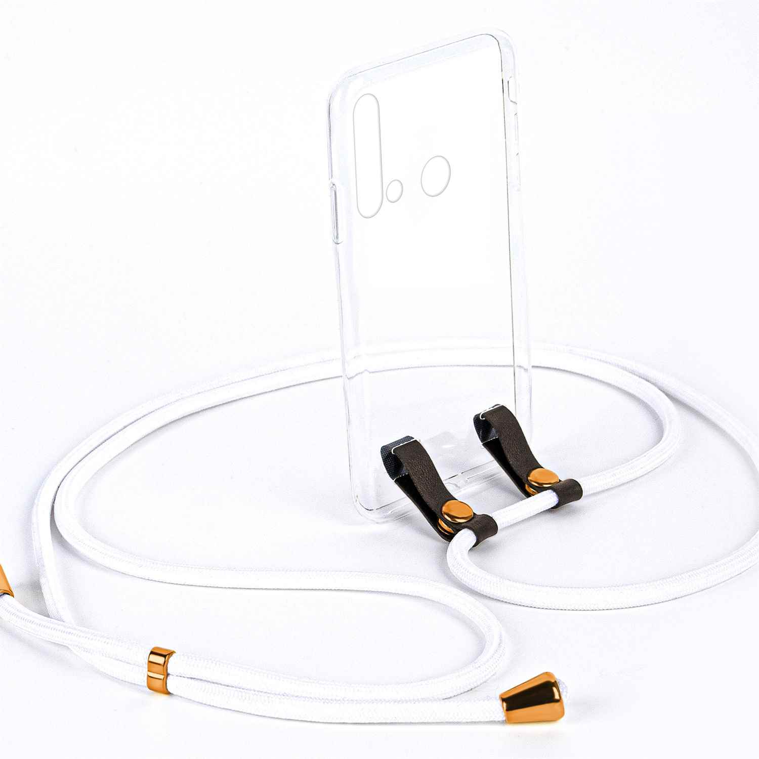 Weißes Kabel mit einer transparenten Handyhülle. Die Hülle wird mit braunen Lederstücken mit goldenen Akzenten befestigt.