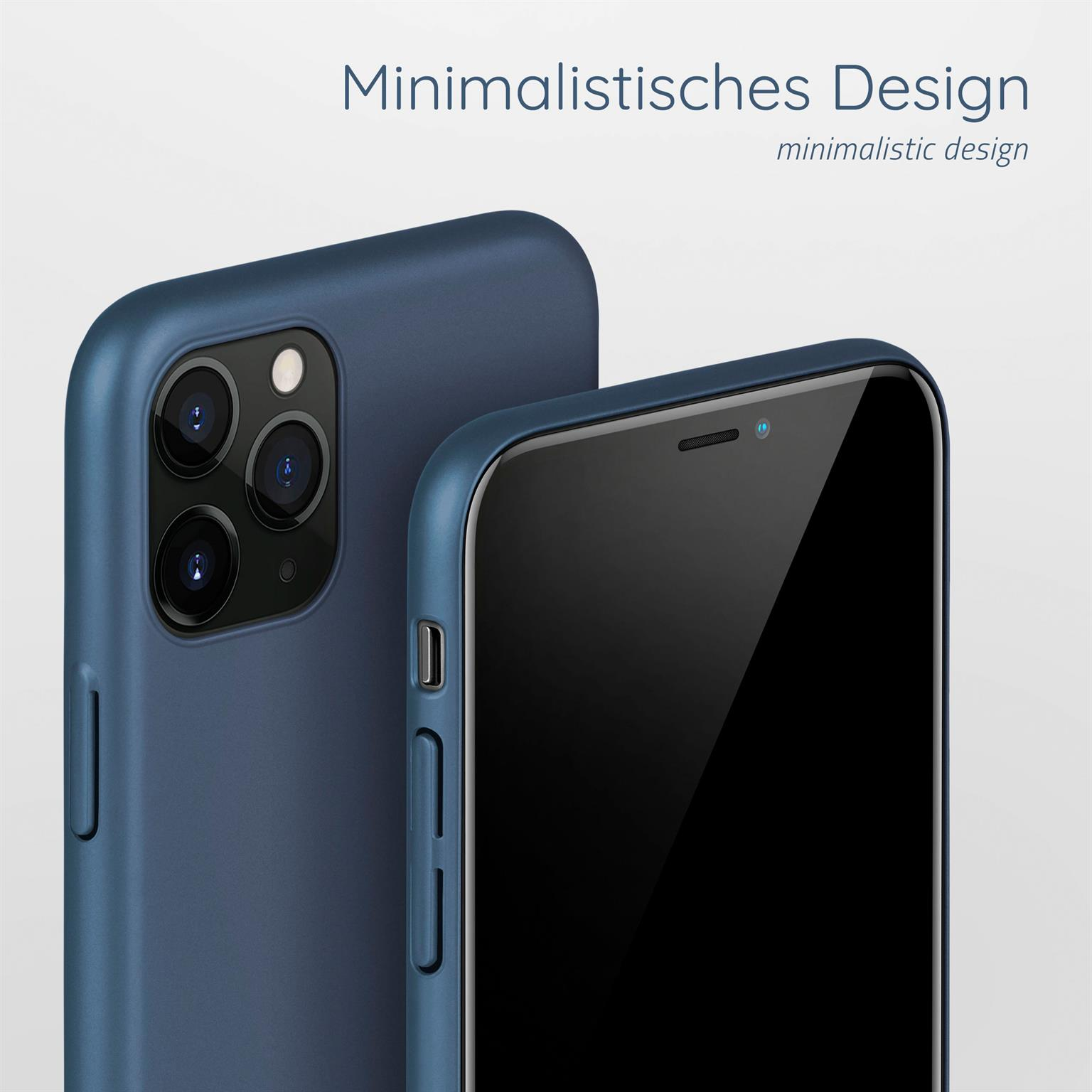 Blaue Handyhülle auf weißem Untergrund, Telefon sichtbar, Text "Minimalistisches Design".