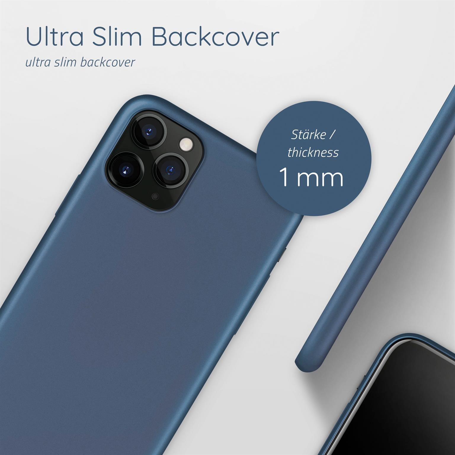 Blaue Handyhülle mit Text: Ultra Slim Backcover. Kreis mit Text: 1 mm Dicke.