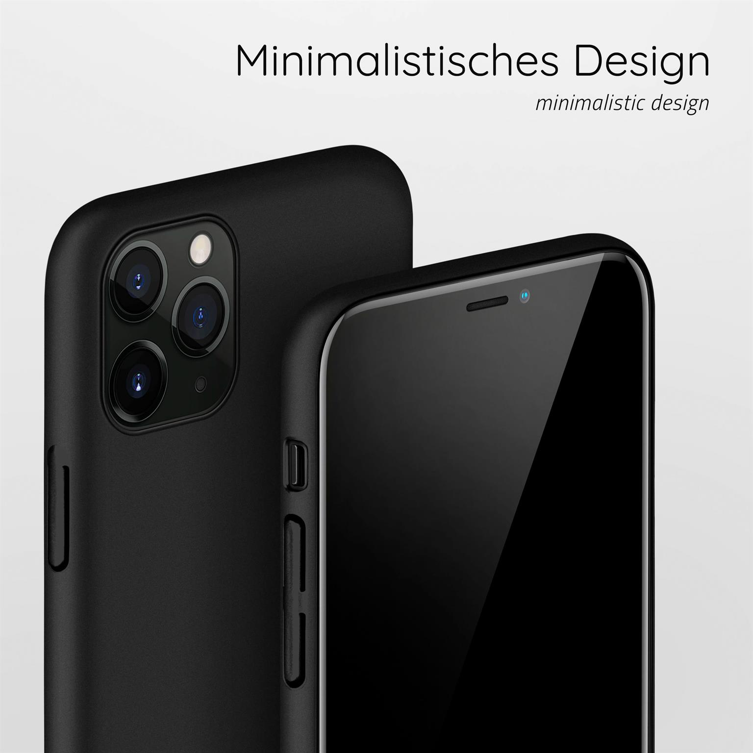 Schwarze Handyhüllen, eine vorne, eine dahinter. Text oben: Minimalistisches Design.
