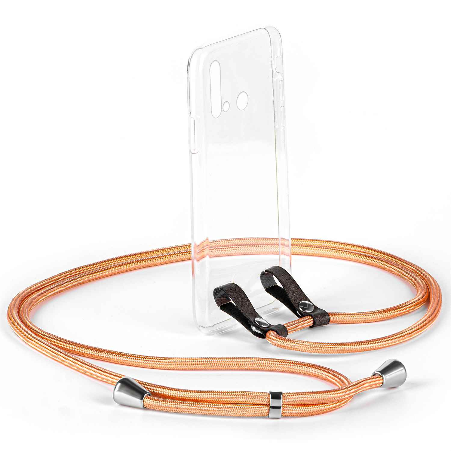 Eine transparente Handyhülle mit einem kupferfarbenen Telefonkabel. Das Kabel ist mit schwarzen Riemen an der Hülle befestigt.