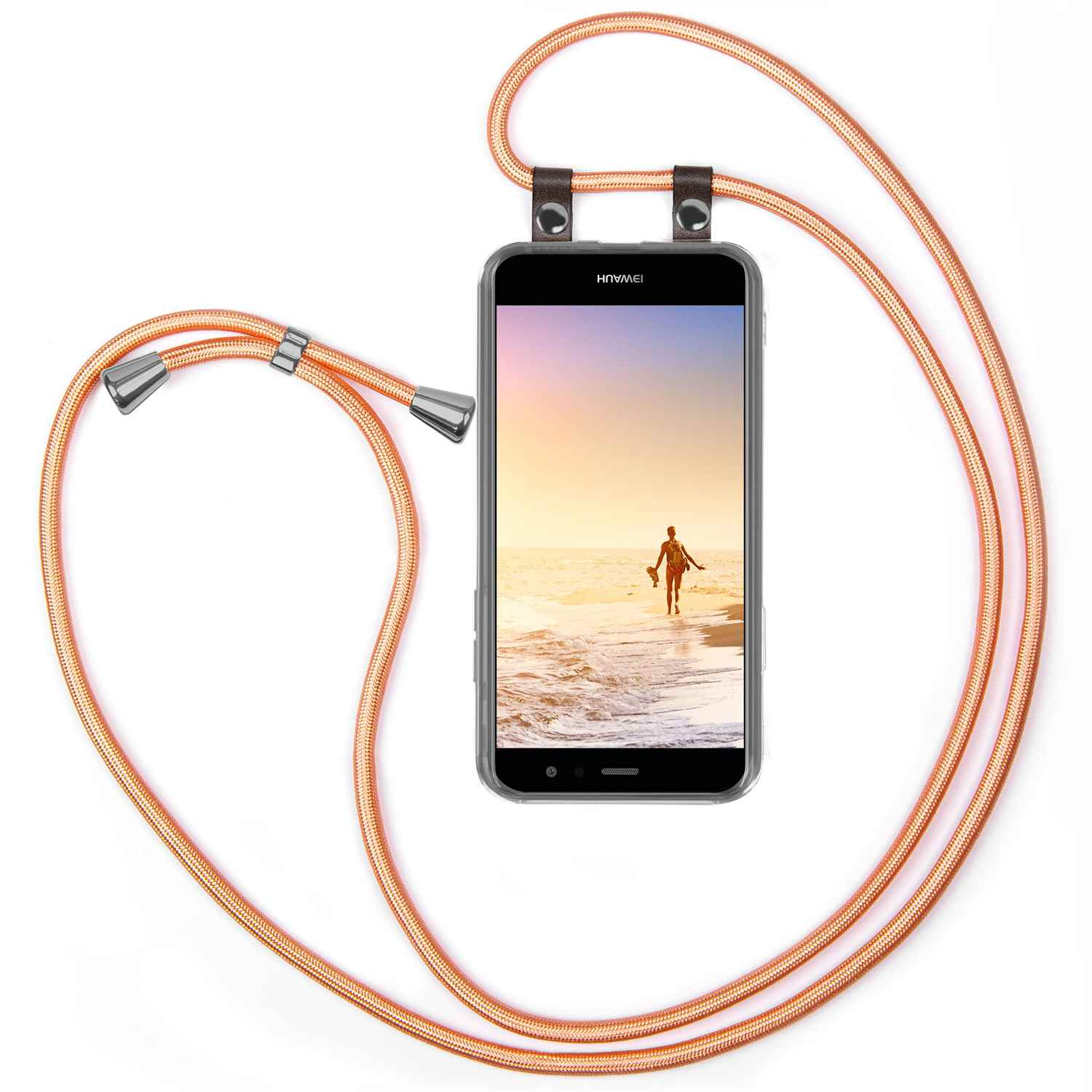Telefon mit Strandansicht. Oranger Telefonriemen.