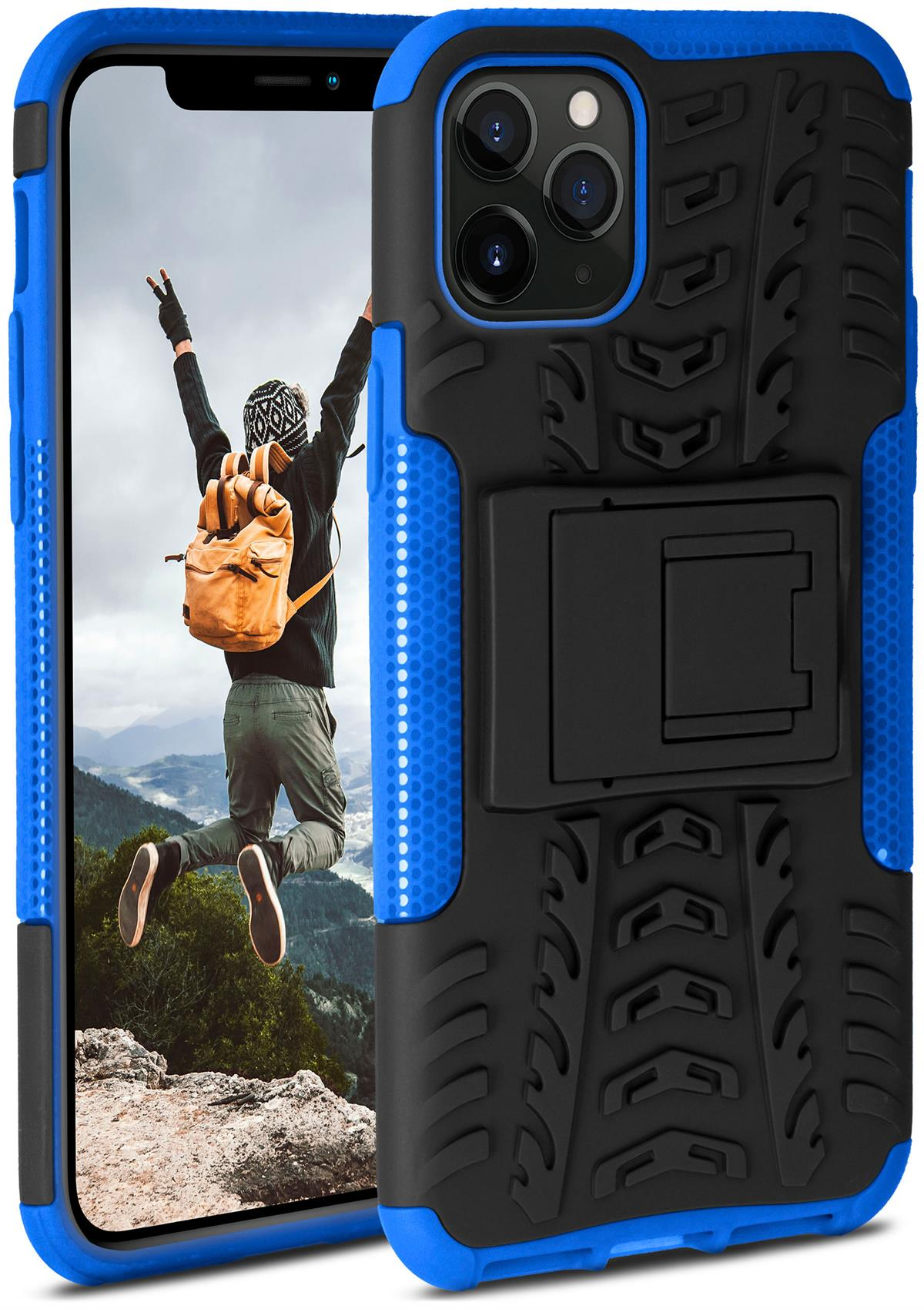 Blau-schwarze Handyhülle mit einem springenden Mann im Hintergrund.