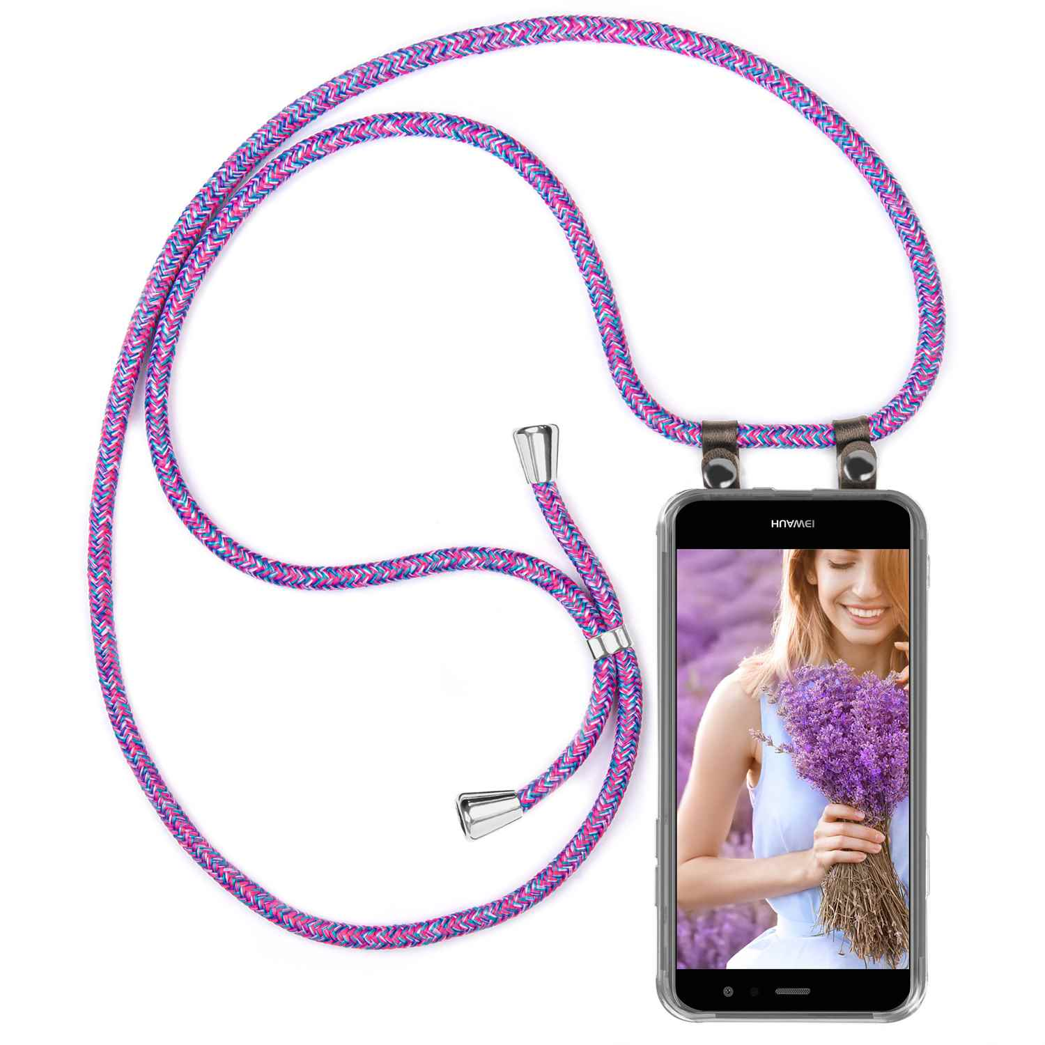 Telefon mit Hülle und lila Kabel. Das Telefon zeigt eine Frau mit einem Lavendelstrauß.