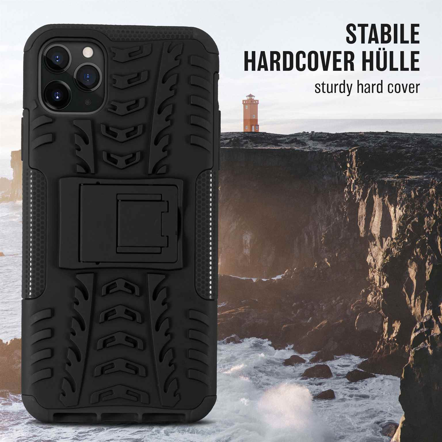 Eine schwarze Handyhülle mit Ständer, vor einer Landschaft mit Bergen und einem Leuchtturm.