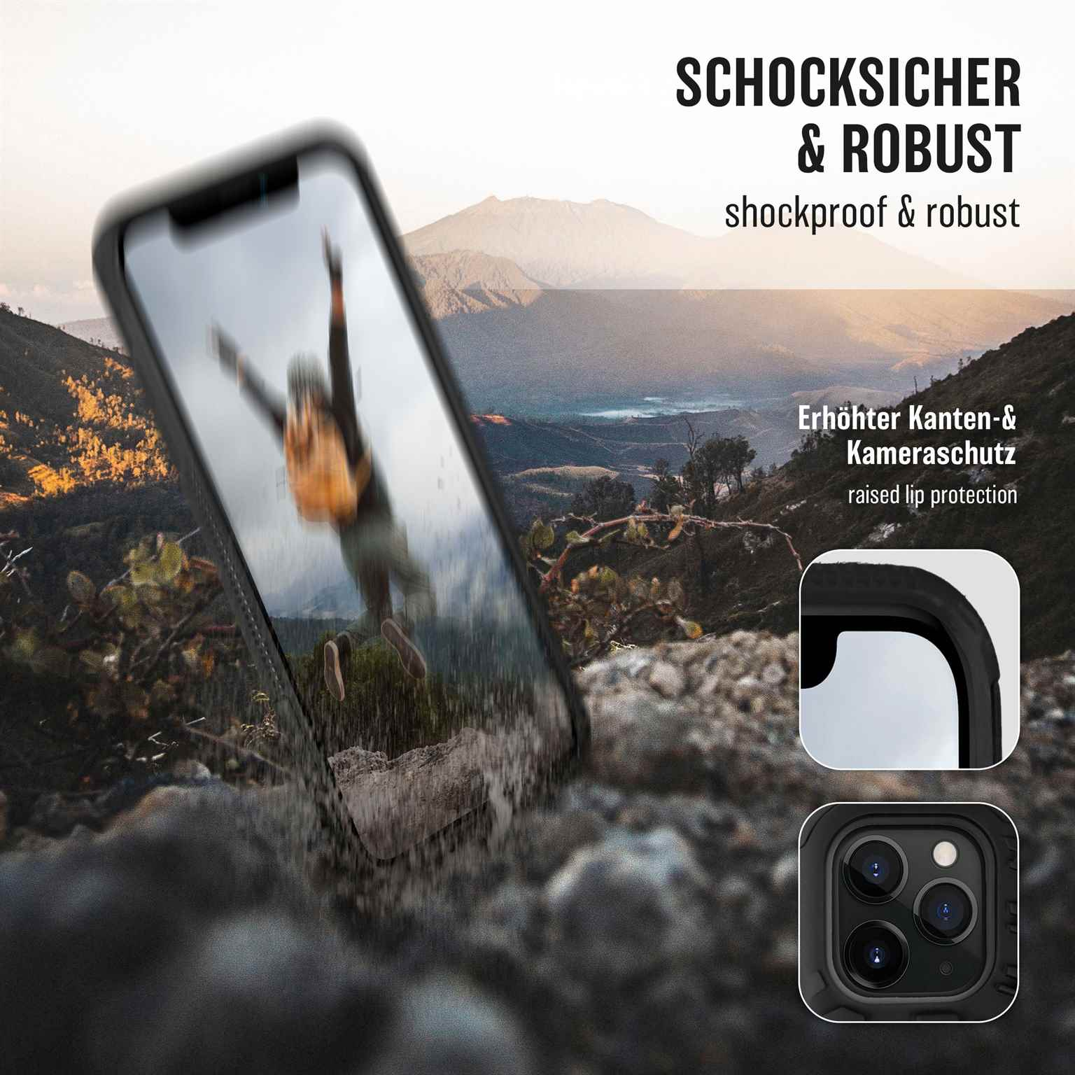 Telefon in Hülle, Bild von Person, die ins Wasser springt, Produktinfo zum Telefonschutz.
