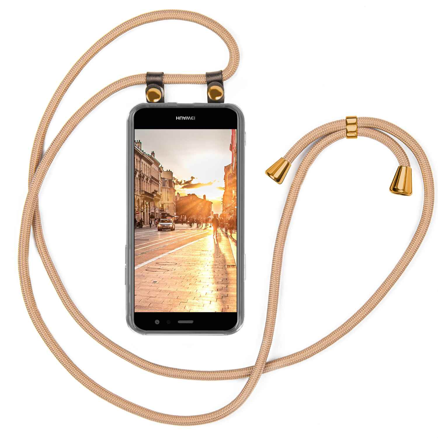 Telefon mit einer Sonnenuntergangs-Stadtszene. Das Telefon befindet sich an einem beigefarbenen Seil.