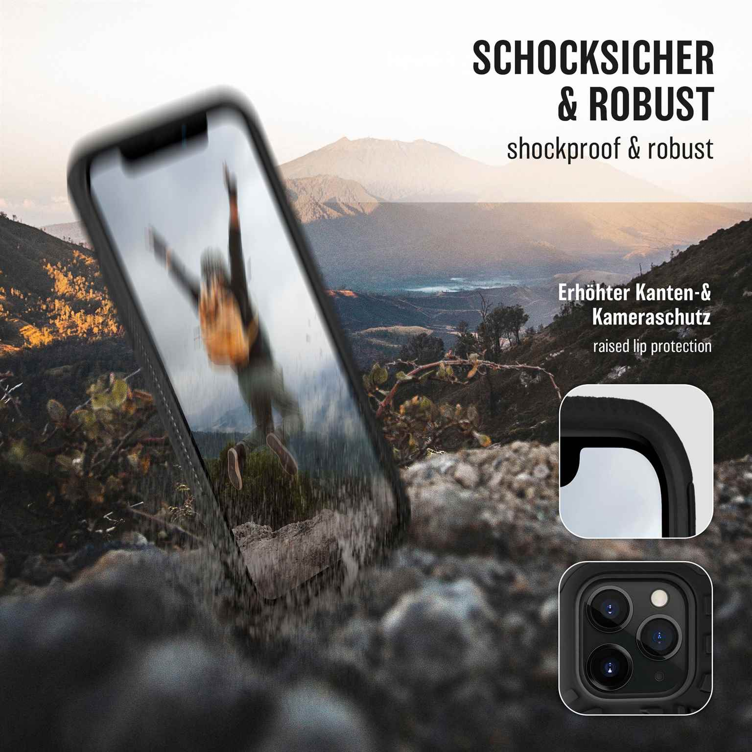 Handyhülle mit Text: 'stoßfest & robust'. Bild einer stürzenden Person mit Telefon in der Luft.