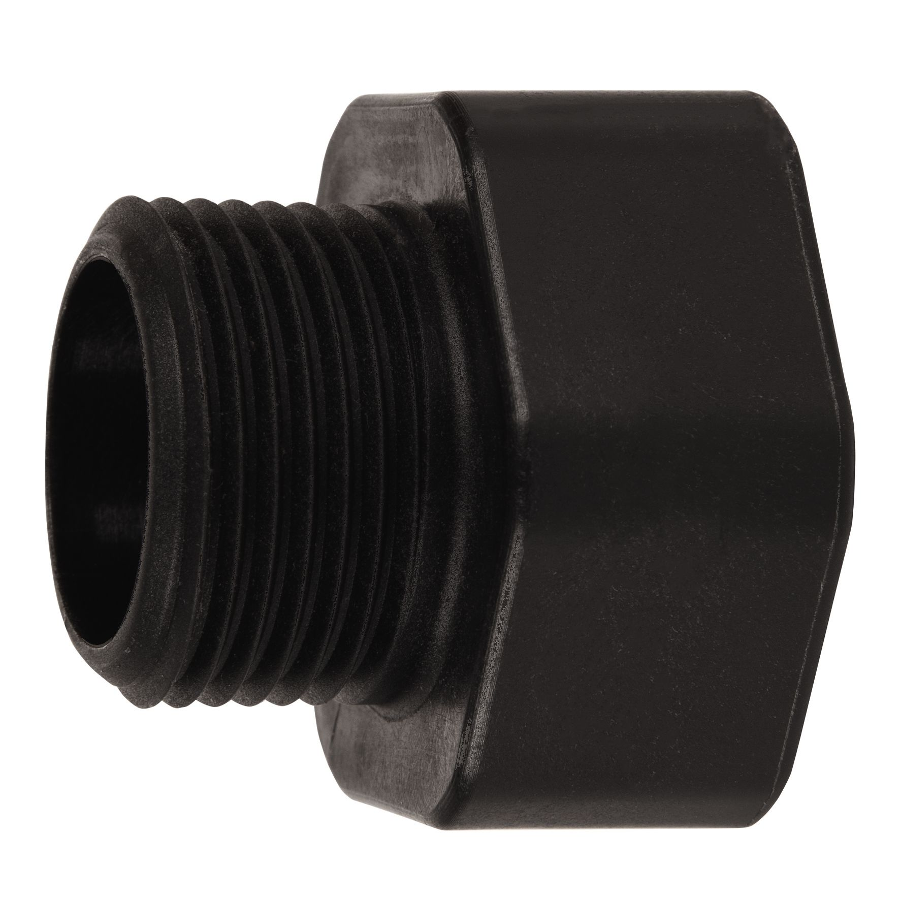 Czarny plastikowy łącznik gwintowany o sześciokątnym kształcie.