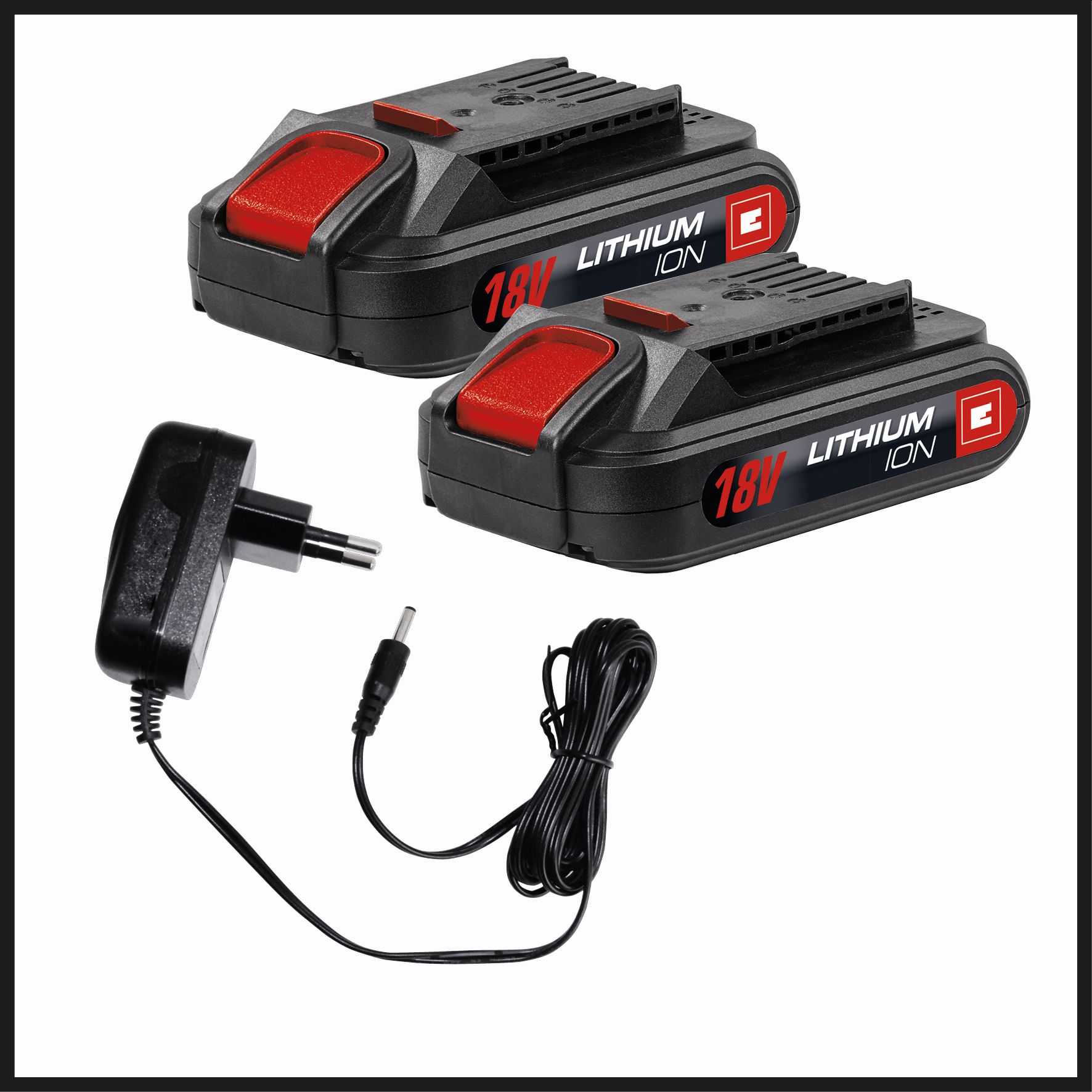 Dwa czarne akumulatory litowo-jonowe i ładowarka. Czerwone akcenty na akumulatorach.