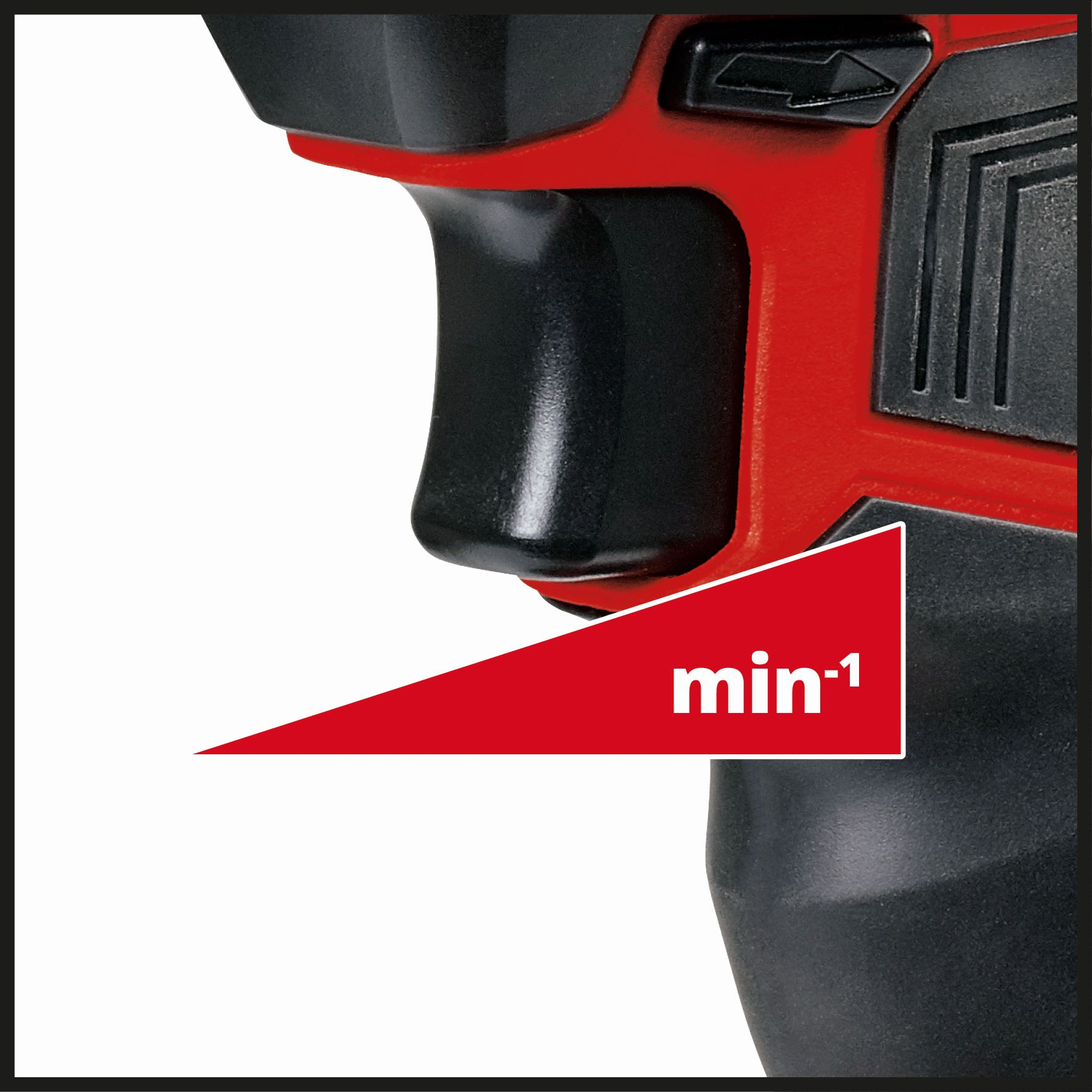 Zbliżenie czerwono-czarnego elektronarzędzia ze symbolem min^-1.