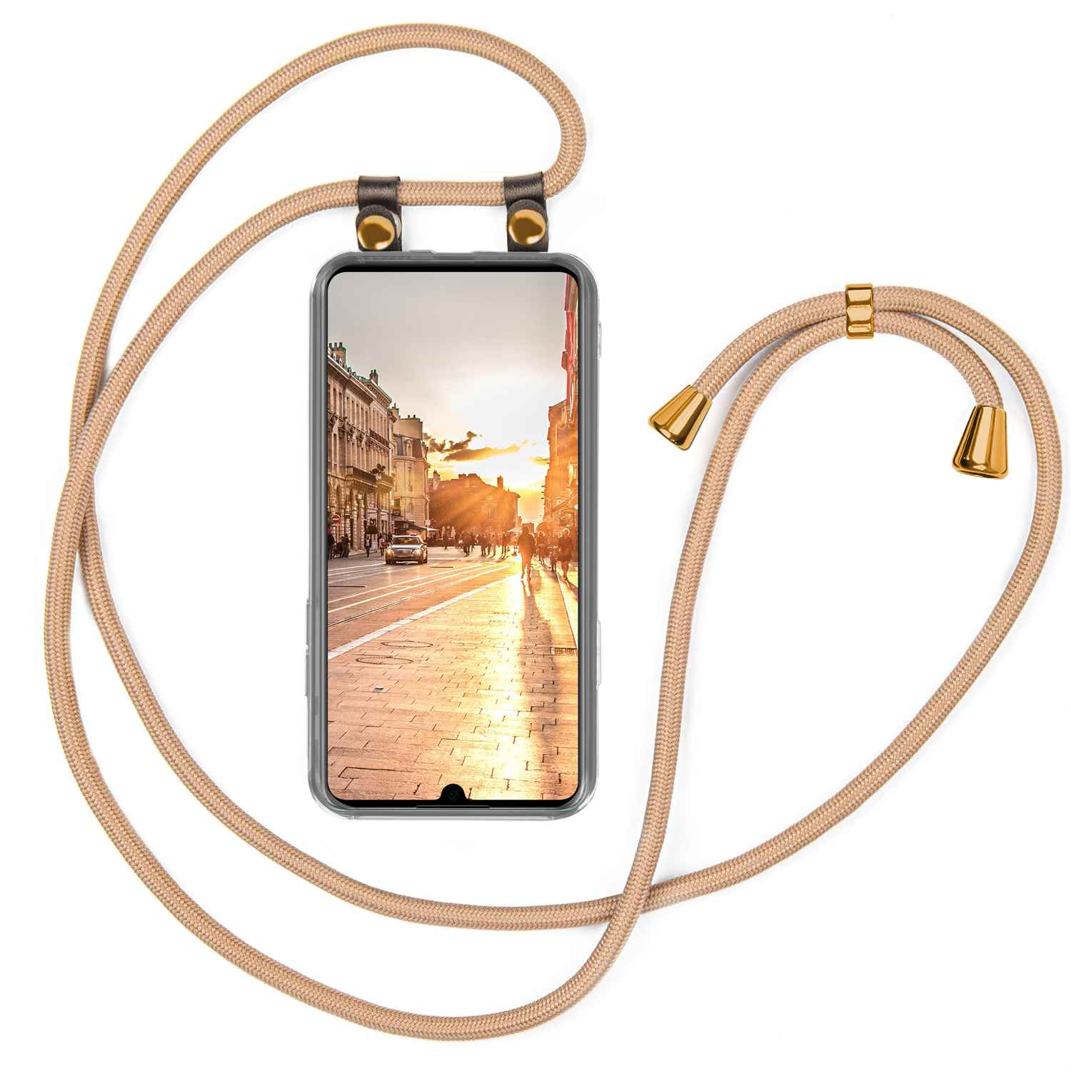 Telefon mit Hülle und beigem Kabel. Das Telefon zeigt eine Stadtstraßenszene mit Sonnenlicht.