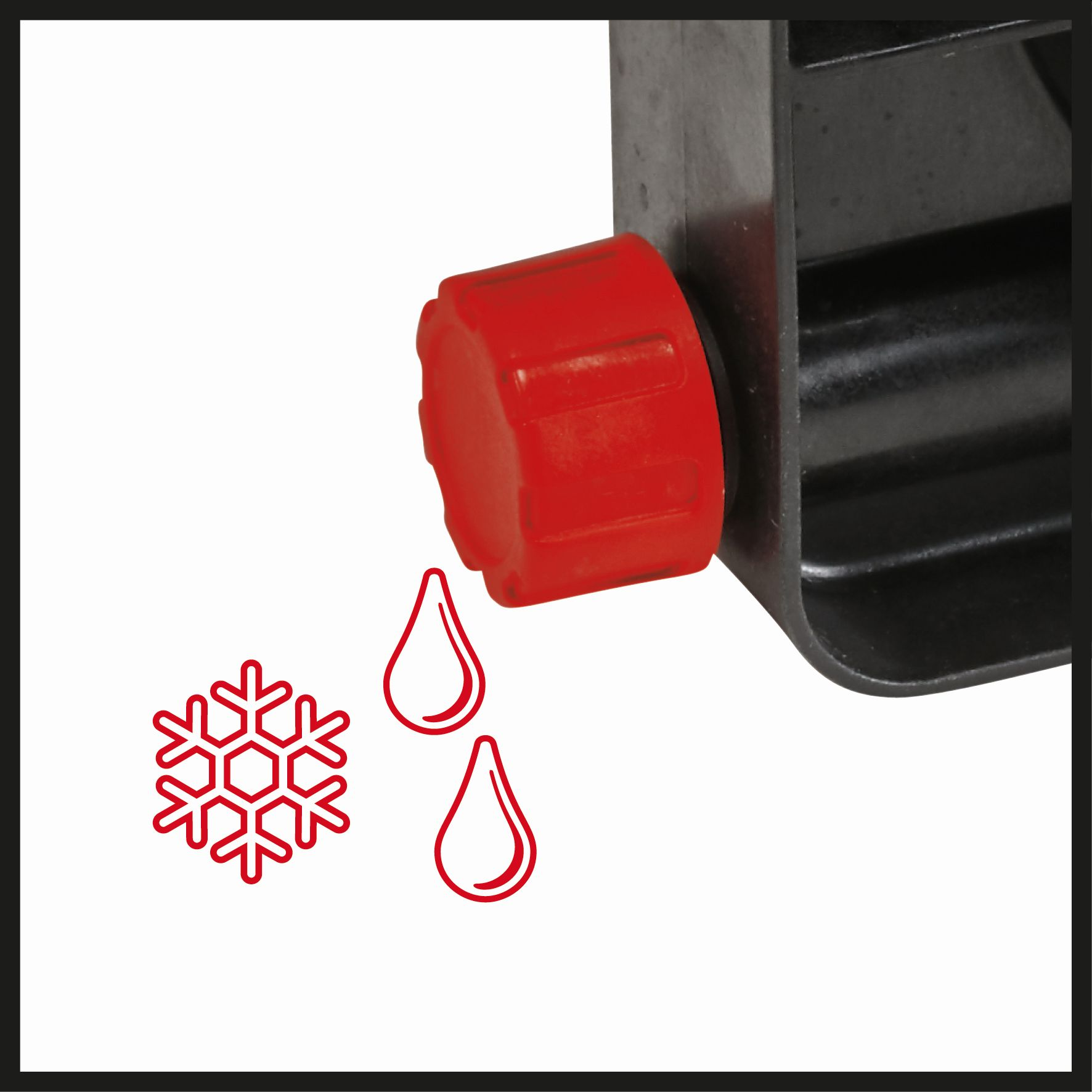 Zbliżenie czerwonego pokrętła z ikonami kropli wody i ikoną płatka śniegu.