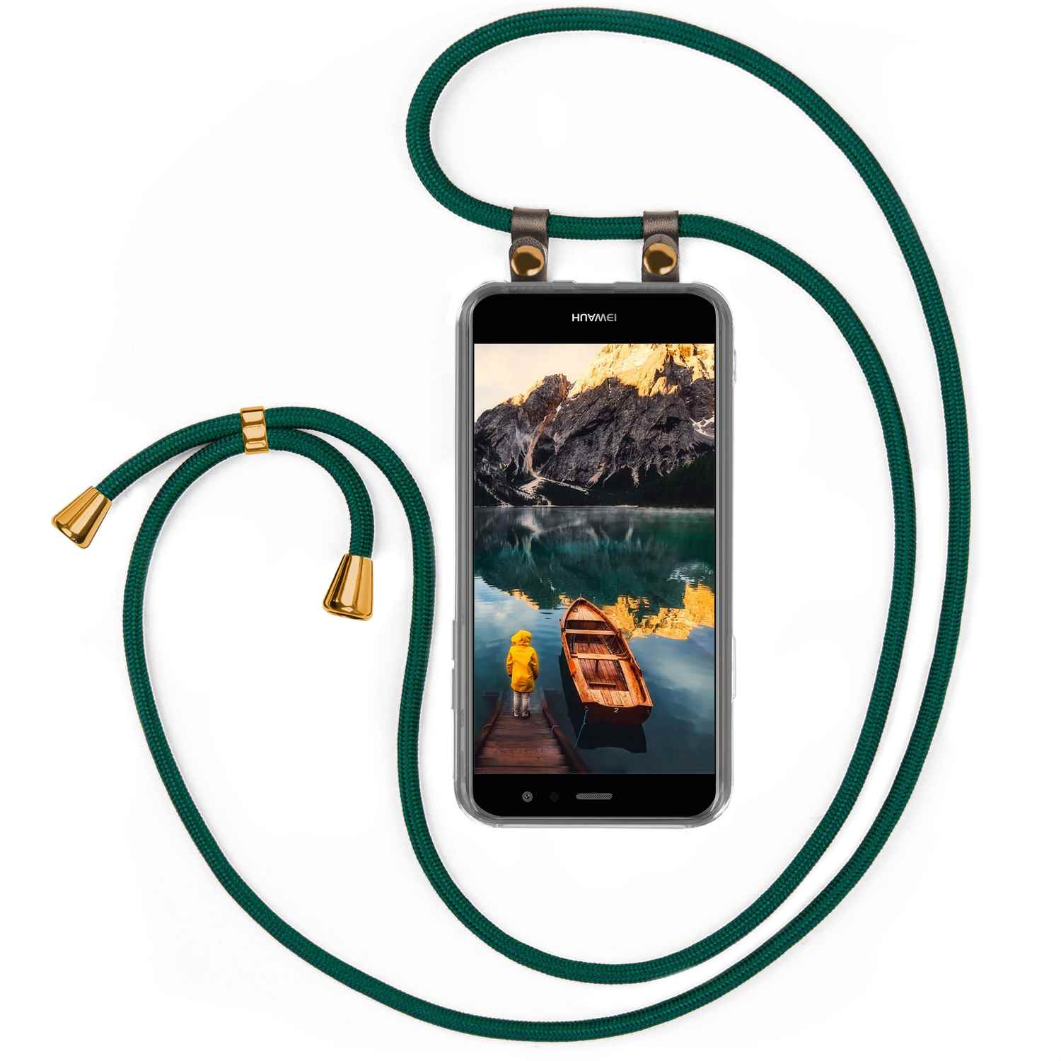 Telefon mit Seeszene, grünes Umhängeband. Klare Hülle.