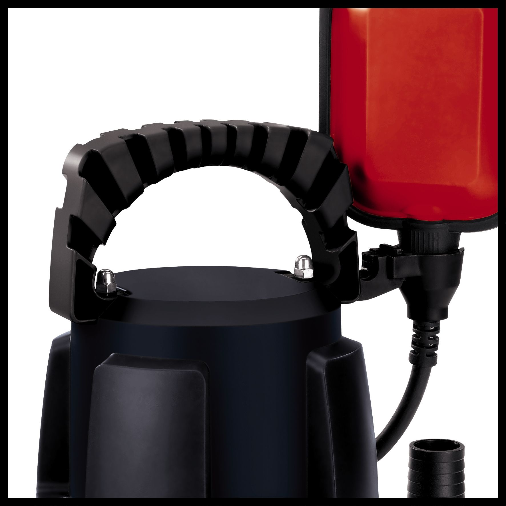Schwarze und rote Tauchpumpe, Griff, roter Deckel, schwarzes Kabel.