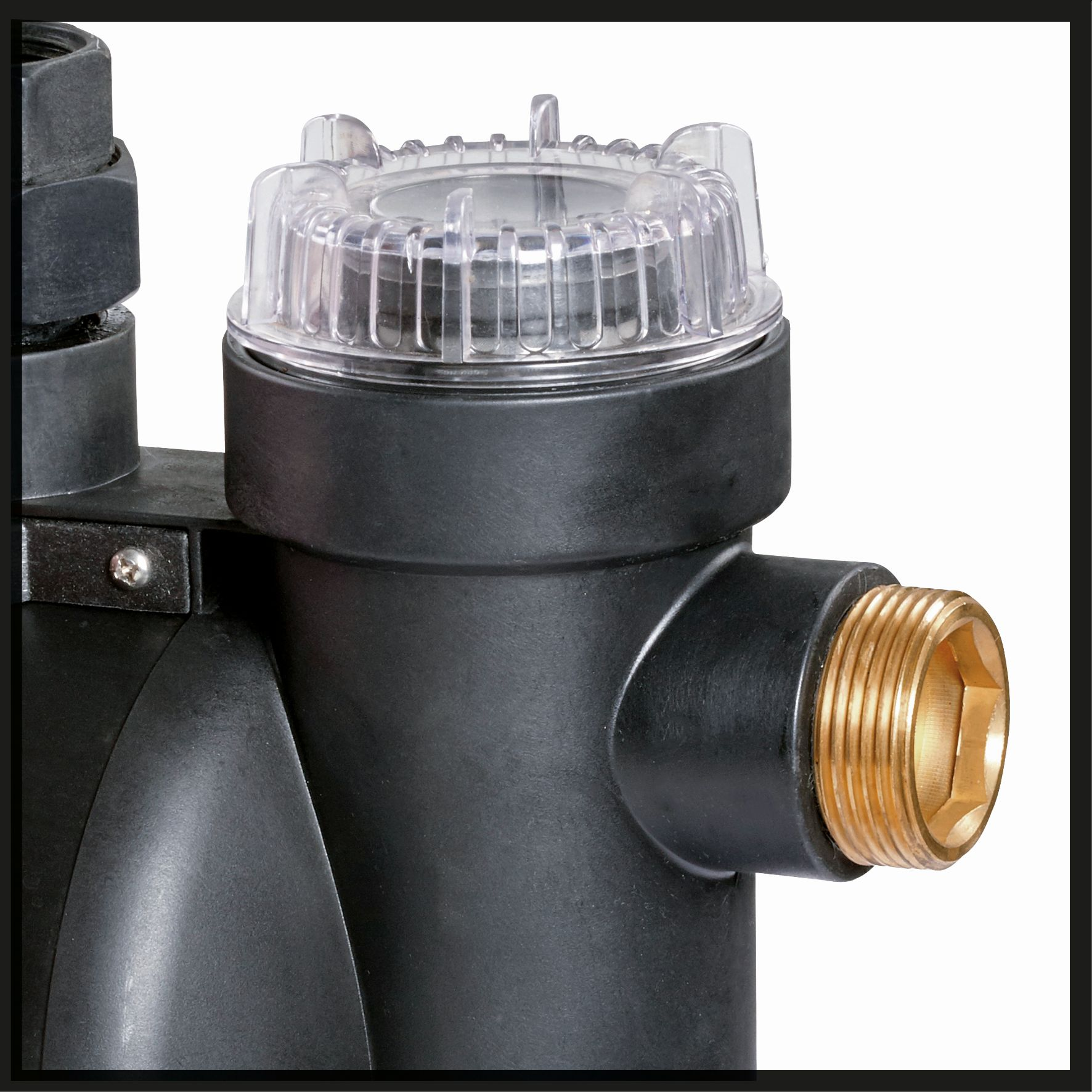 Zbliżenie czarnego urządzenia z przezroczystą pokrywą i złotym elementem.