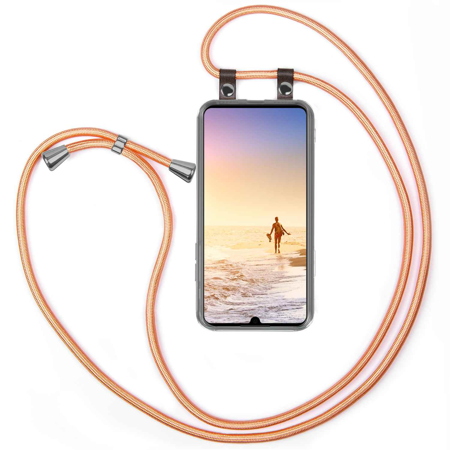 Telefon mit orangefarbenem Kabel. Der Bildschirm zeigt eine Person, die am Strand spaziert. Hintergrund ist das Meer.