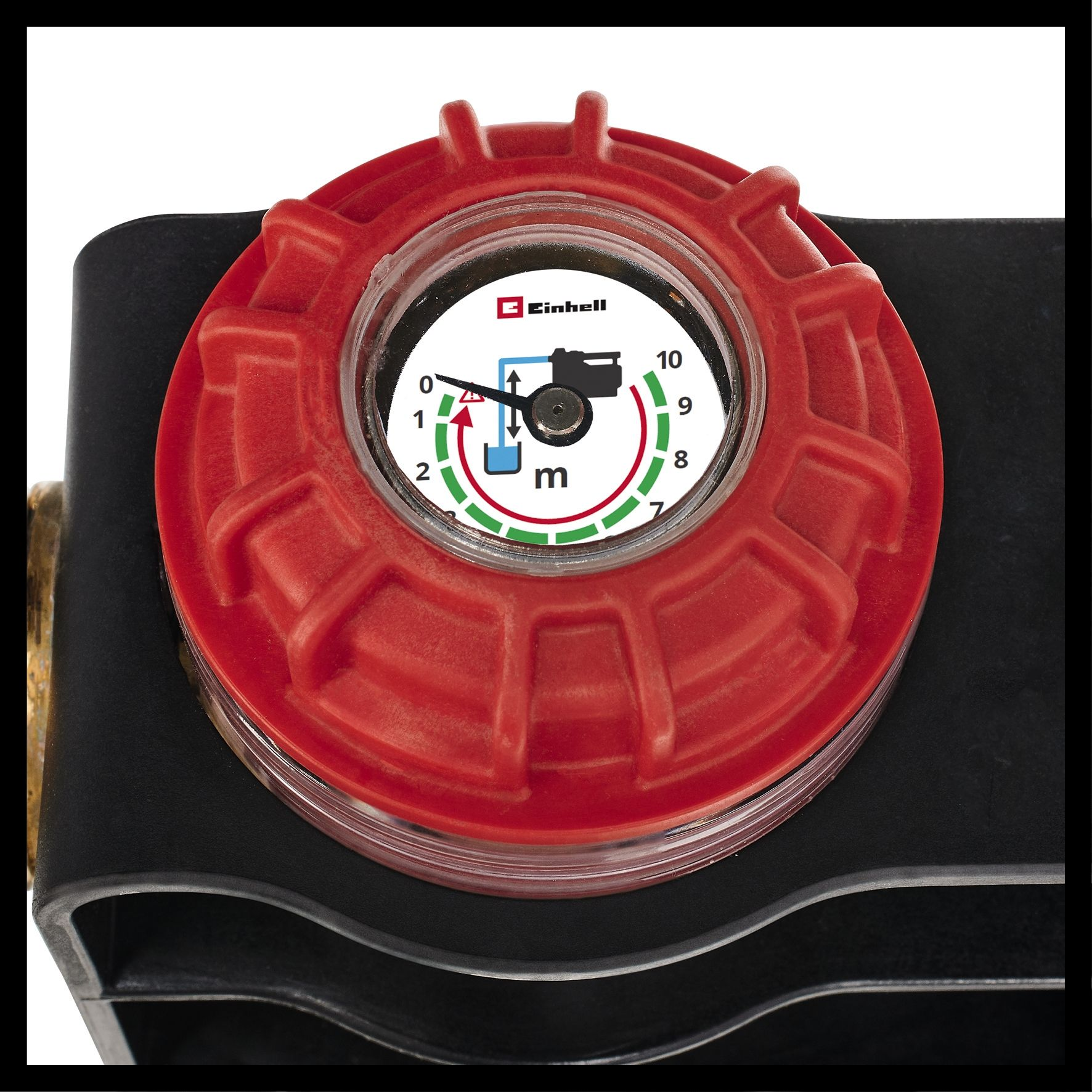 Czerwono-czarny manometr z przezroczystą osłoną i tarczą.