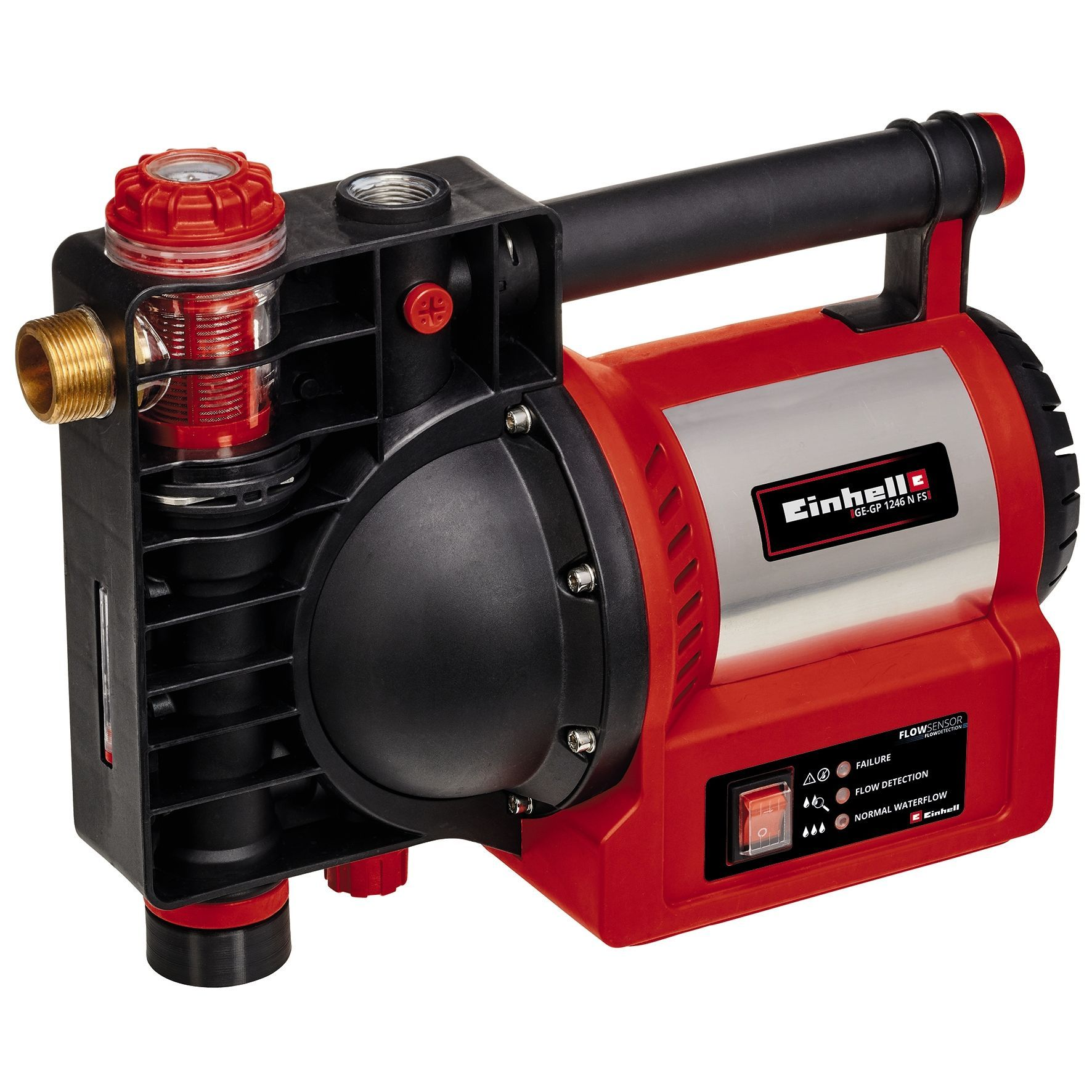 Czerwono-czarna pompa wody, ze srebrnymi akcentami i uchwytem. Posiada czerwone i czarne elementy.