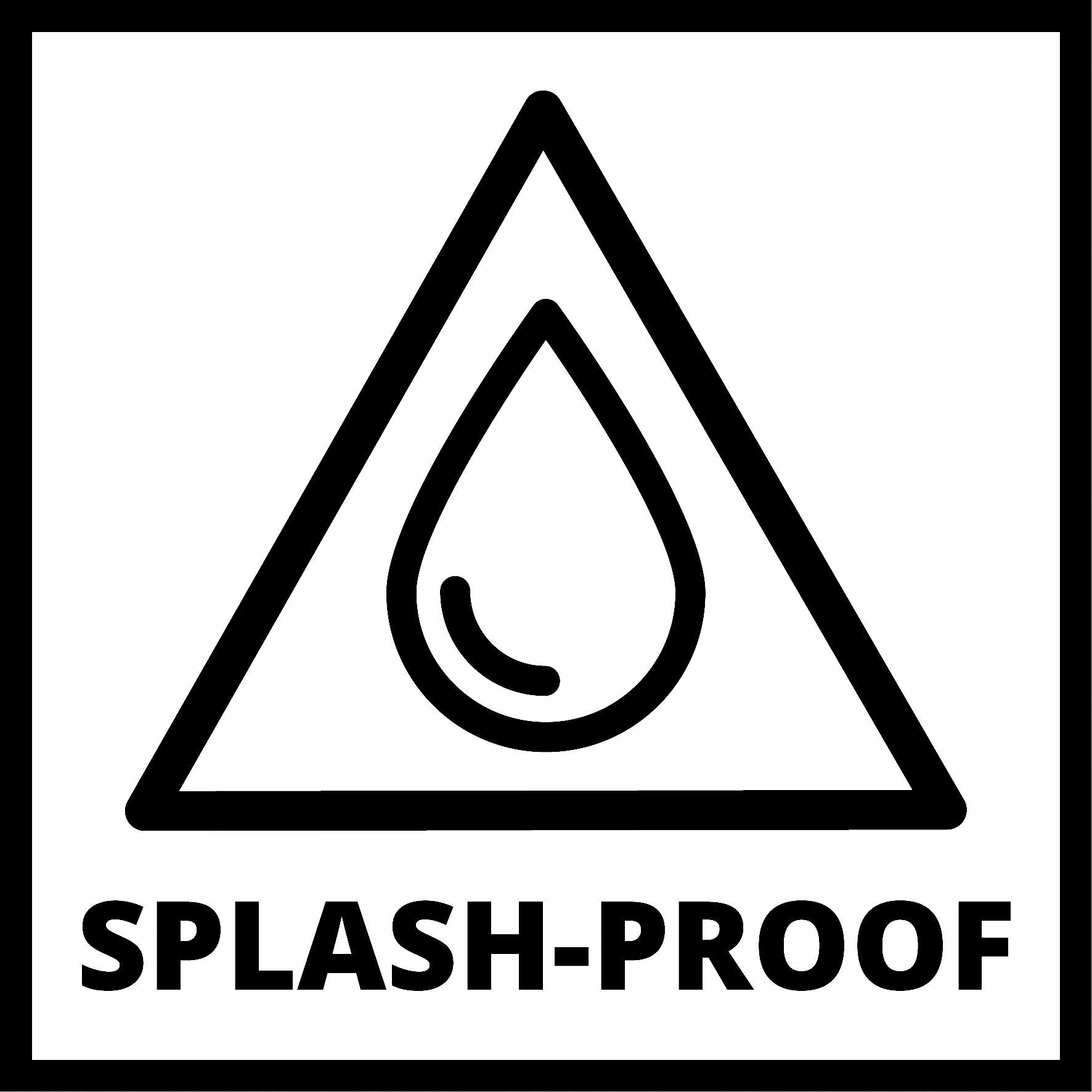 Czarno-biały znak przedstawia kroplę wody w trójkącie. Poniżej słowa 'Splash-Proof'.