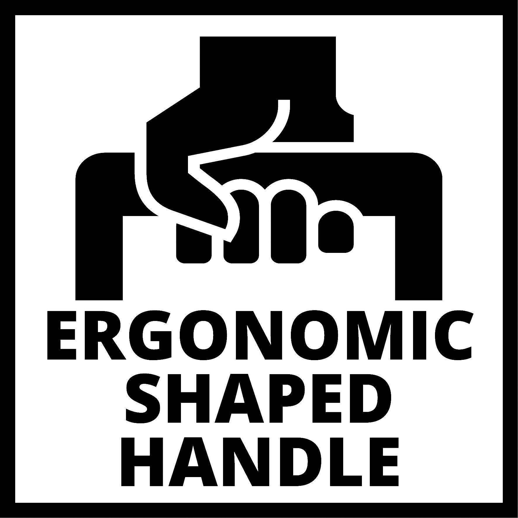 Czarno-biały znak z grafiką dłoni trzymającej drążek. Tekst brzmi 'ERGONOMIC SHAPED HANDLE'.