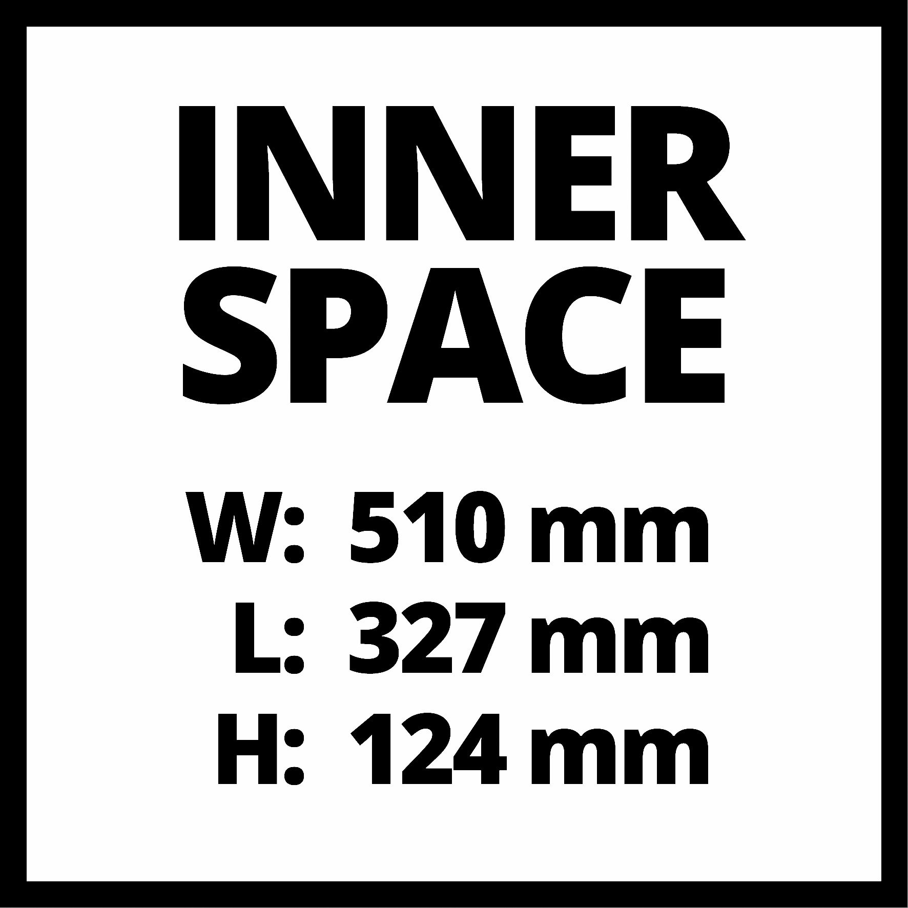Czarno-biała grafika przedstawiająca wymiary. Tekst: Inner Space. Szer: 510 mm, Dł: 327 mm, Wys: 124 mm.