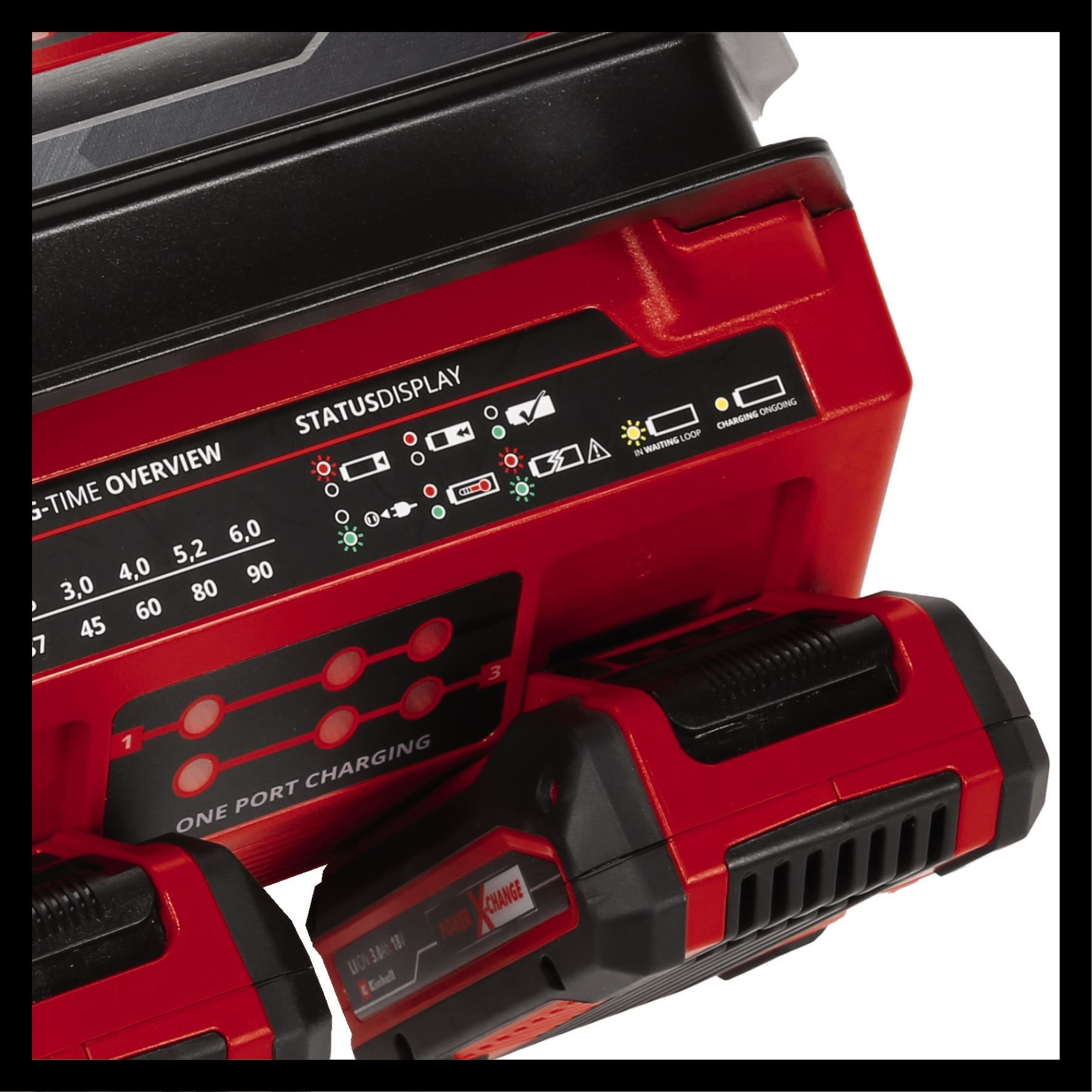 Rotes Ladegerät mit Statusanzeige. Zeigt Batterie- und Ladeinformationen. Schwarzer Hintergrund.