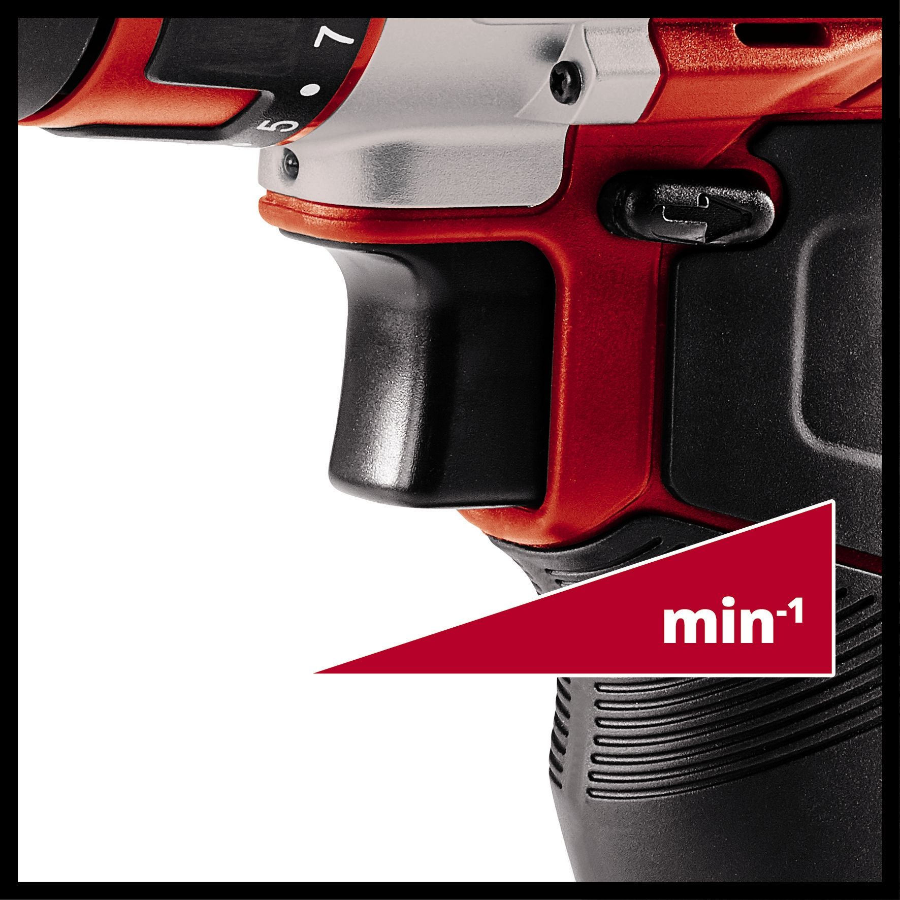 Nahaufnahme eines Bohrers mit roten und schwarzen Teilen und einem roten Pfeil mit „min-1“.