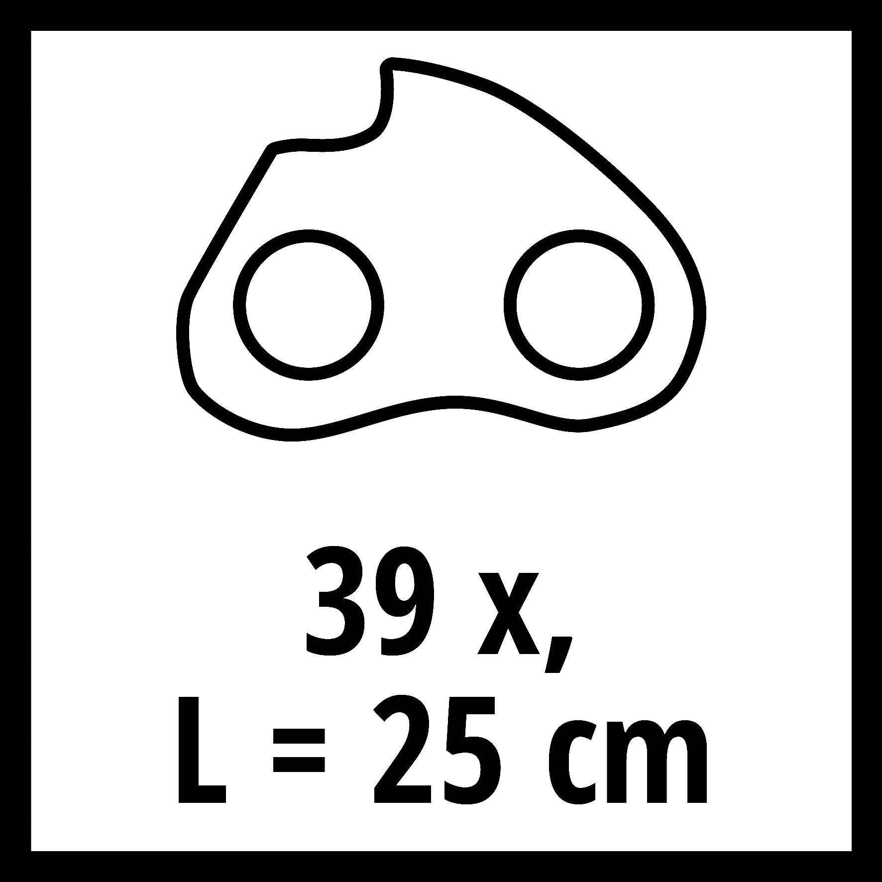 Eine schwarze Umrisszeichnung eines Teils mit zwei Kreisen und Text: '39 x, L = 25 cm'.
