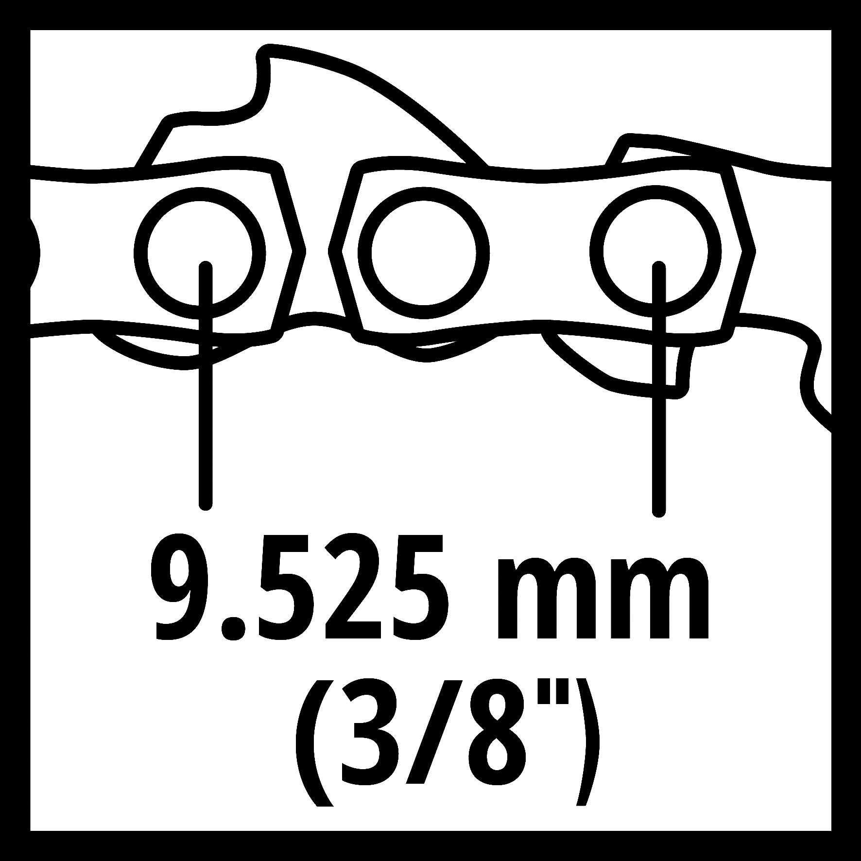Kettensägenkette mit Zähnen und Text 9,525 mm (3/8"). Weißer Hintergrund.