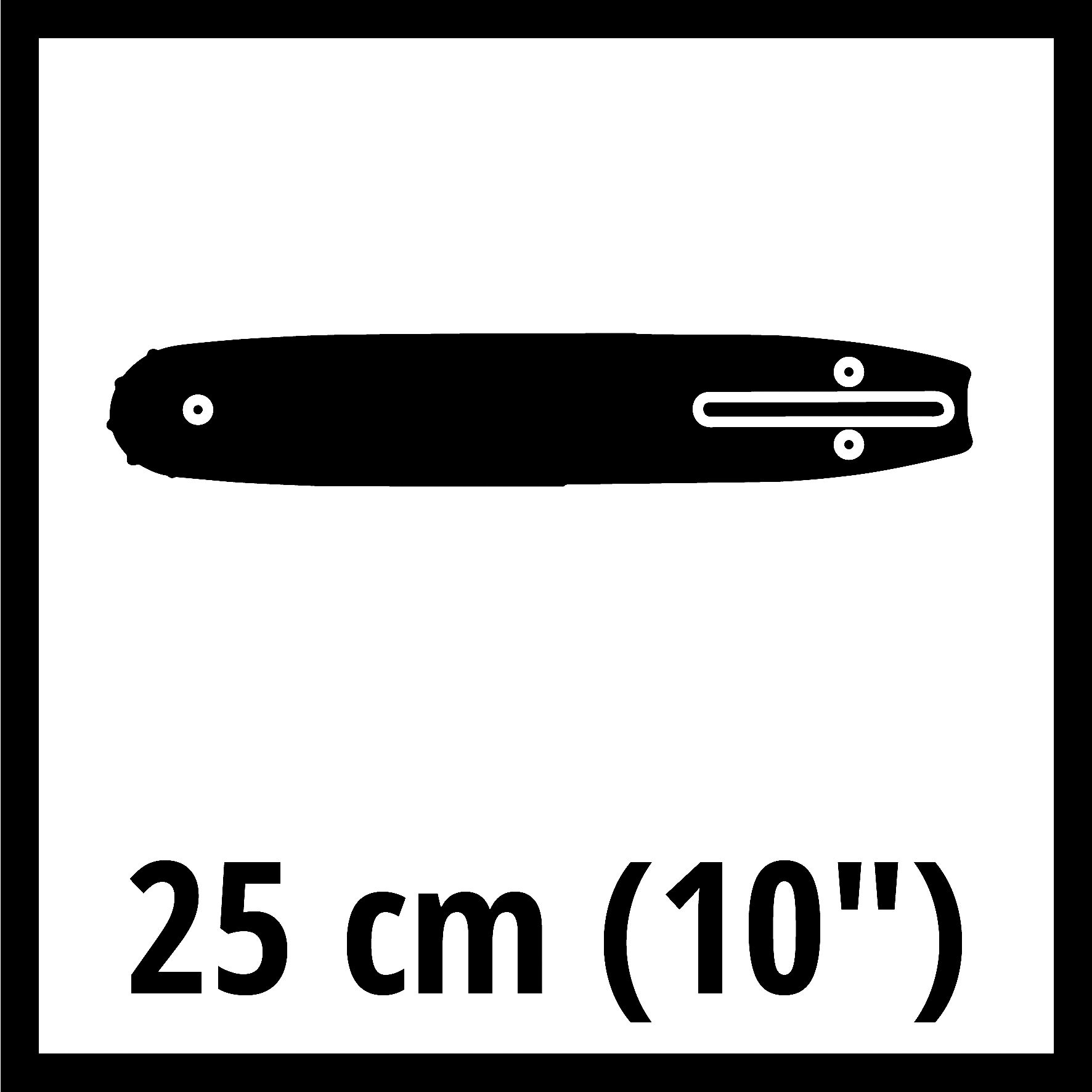 Schwarze Kettensägenstange mit 25 cm (10") Text auf quadratischem, weißem Hintergrund.