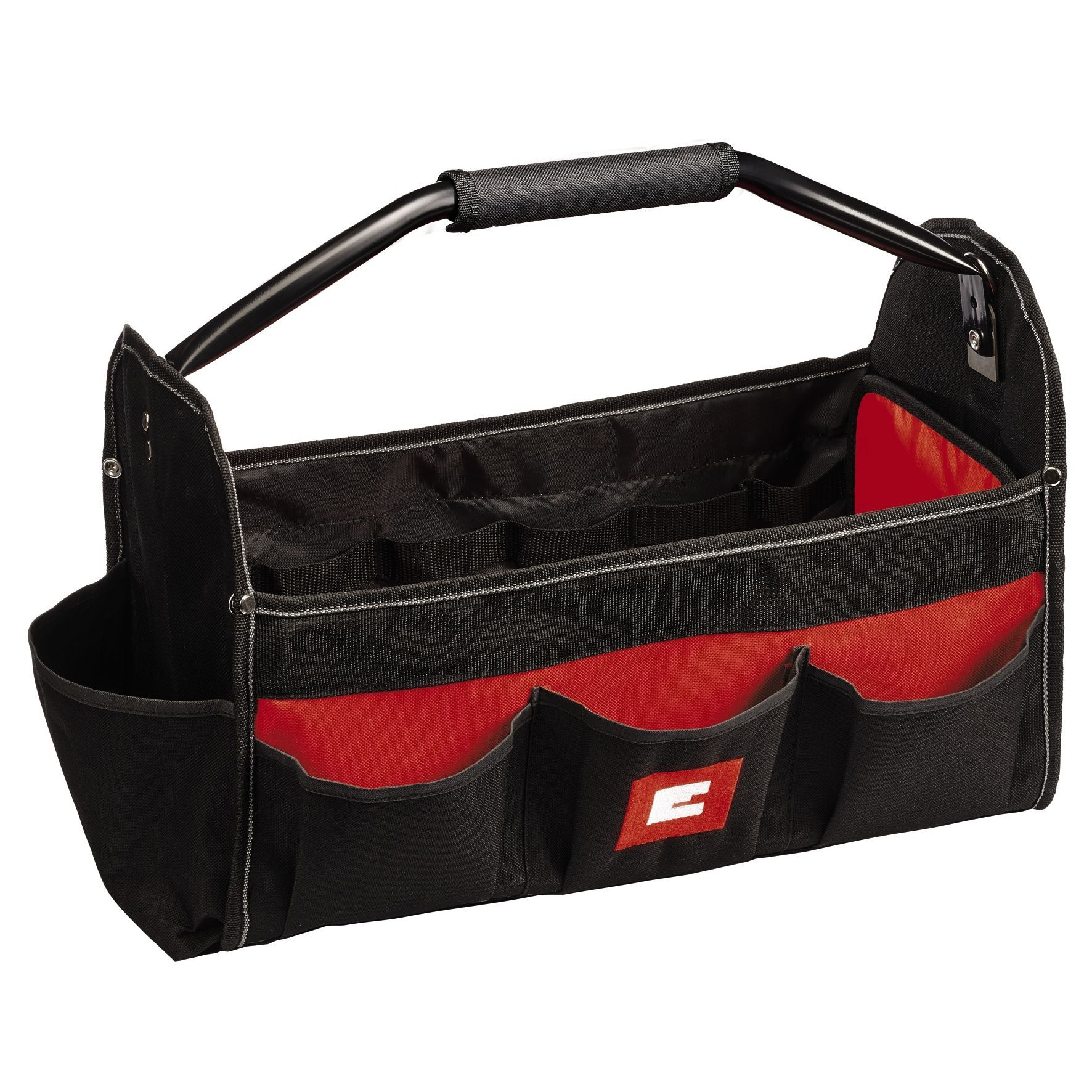 Schwarz-rote Werkzeugtasche. Die Tasche hat einen schwarzen Griff und einen roten Innenraum mit mehreren Taschen.