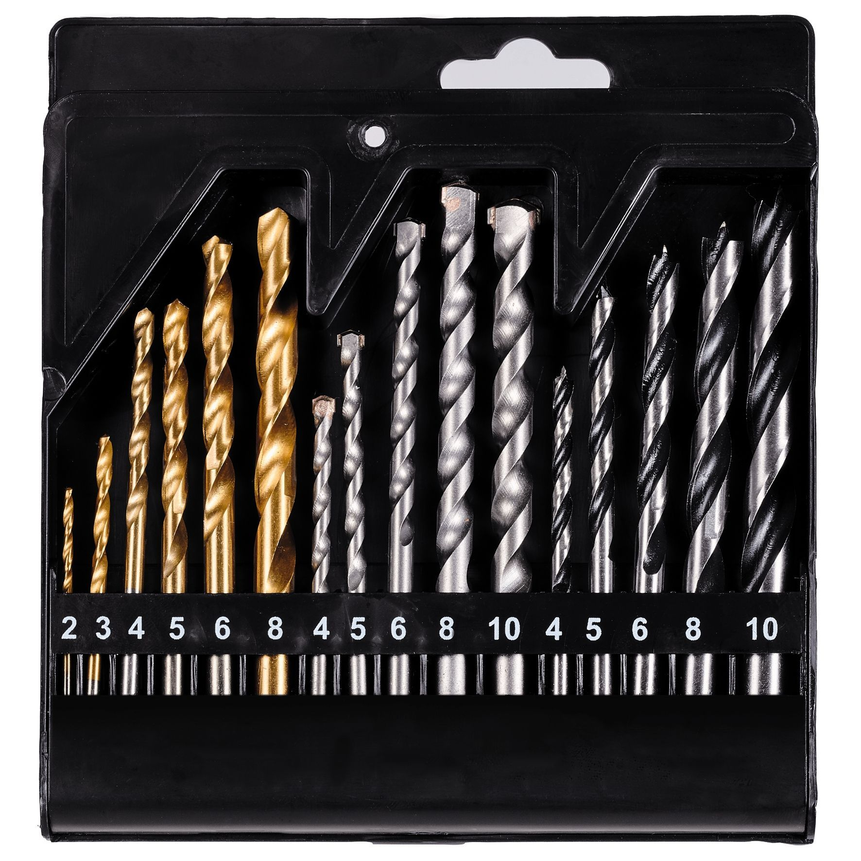 Custodia nera con punte di trapano assortite di varie dimensioni e colori argento/oro.