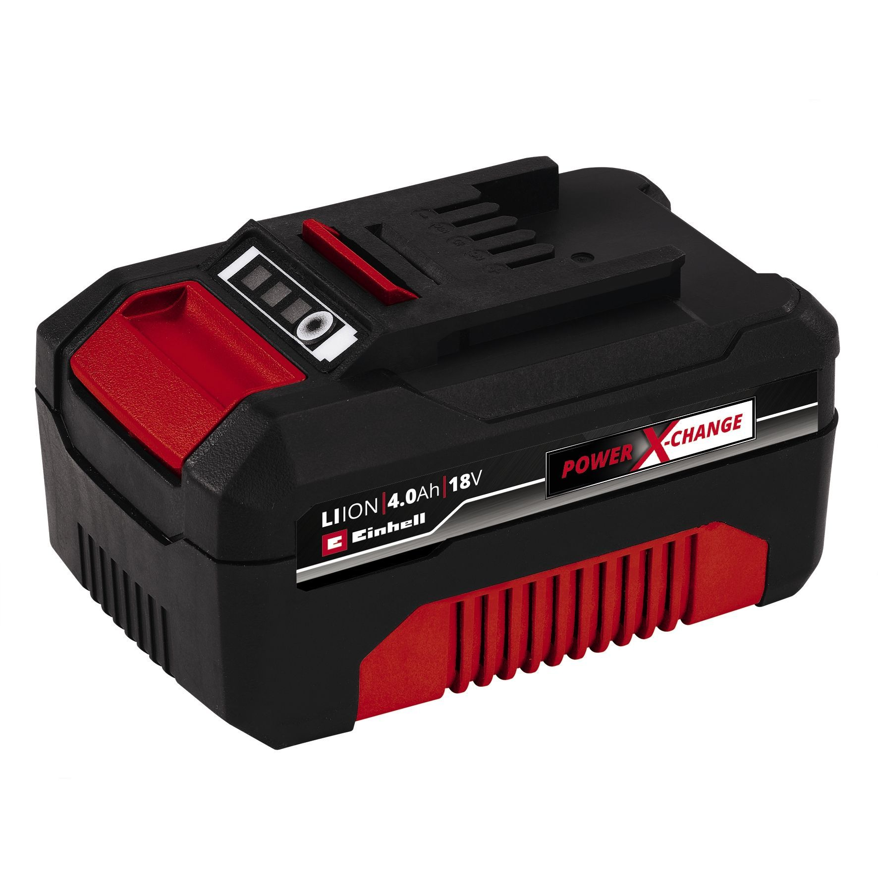 Schwarze und rote Batterie. Text sagt Li-Ion 4.0Ah 18V. Weißer Hintergrund.