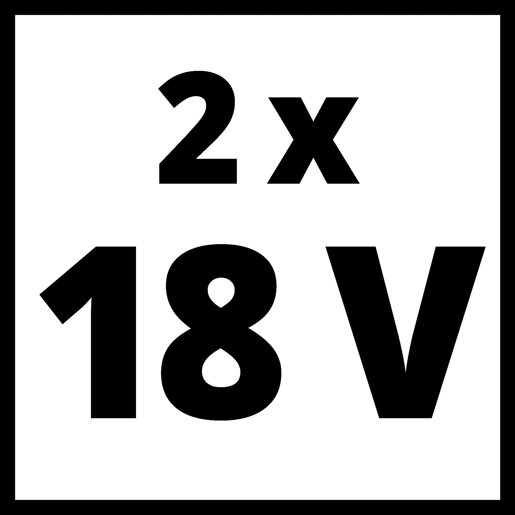 Schwarzer Text auf Weiß, 2x 18V, innerhalb eines schwarzen quadratischen Rahmens.