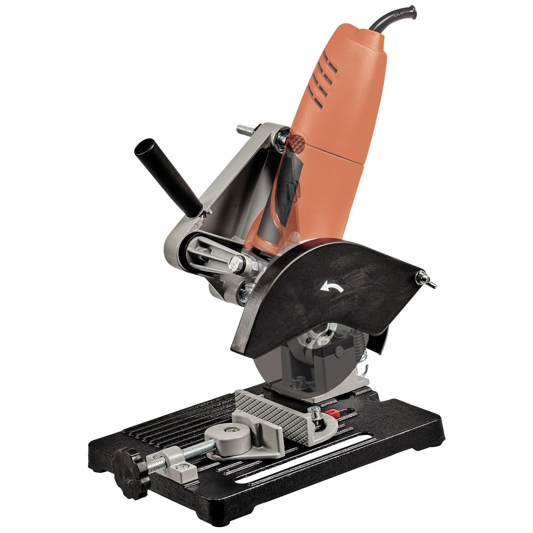 Metallsägemaschine auf schwarzer Basis. Orange und graue Farben sind vorhanden.