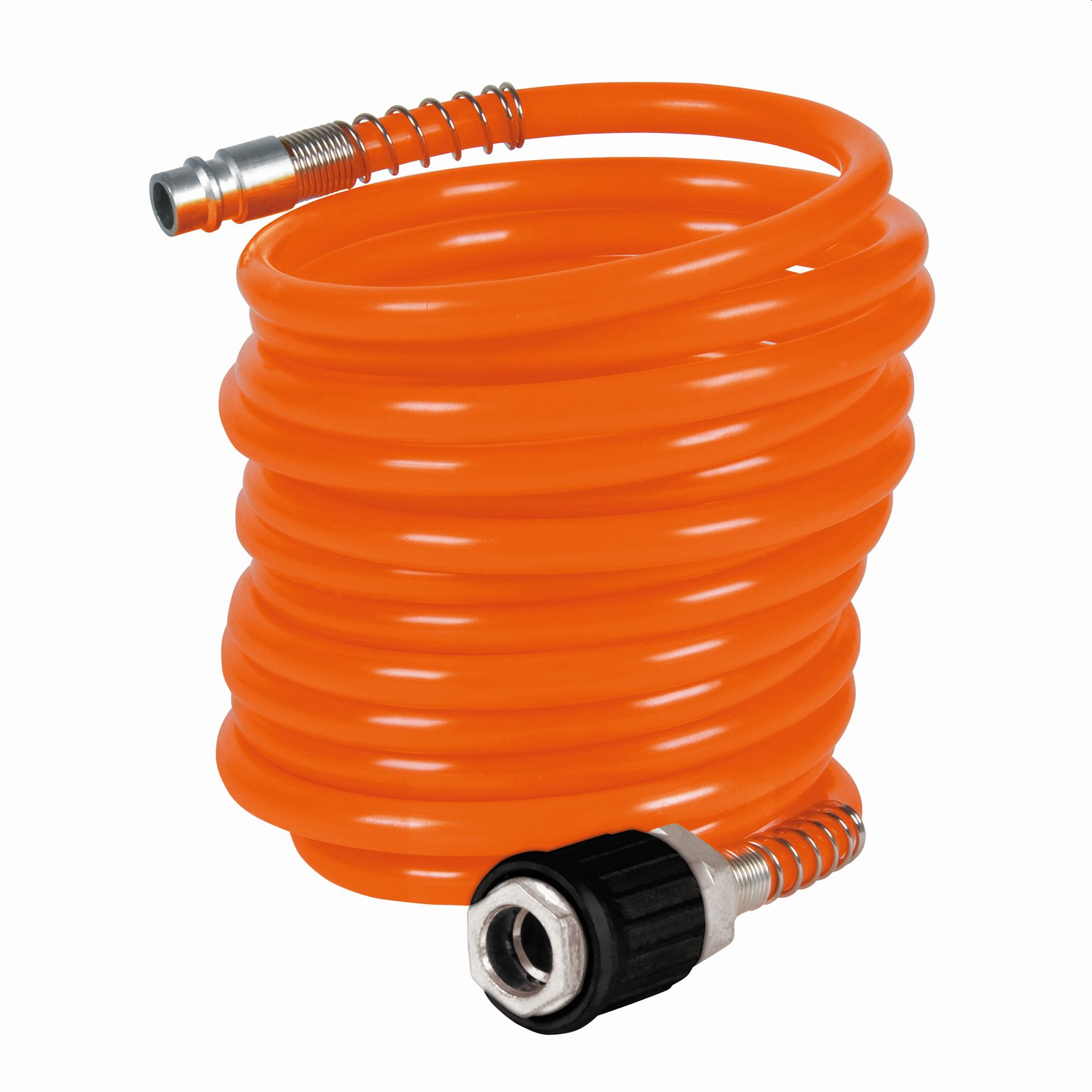 Un tubo a spirale arancione con connettori argentati su sfondo bianco.